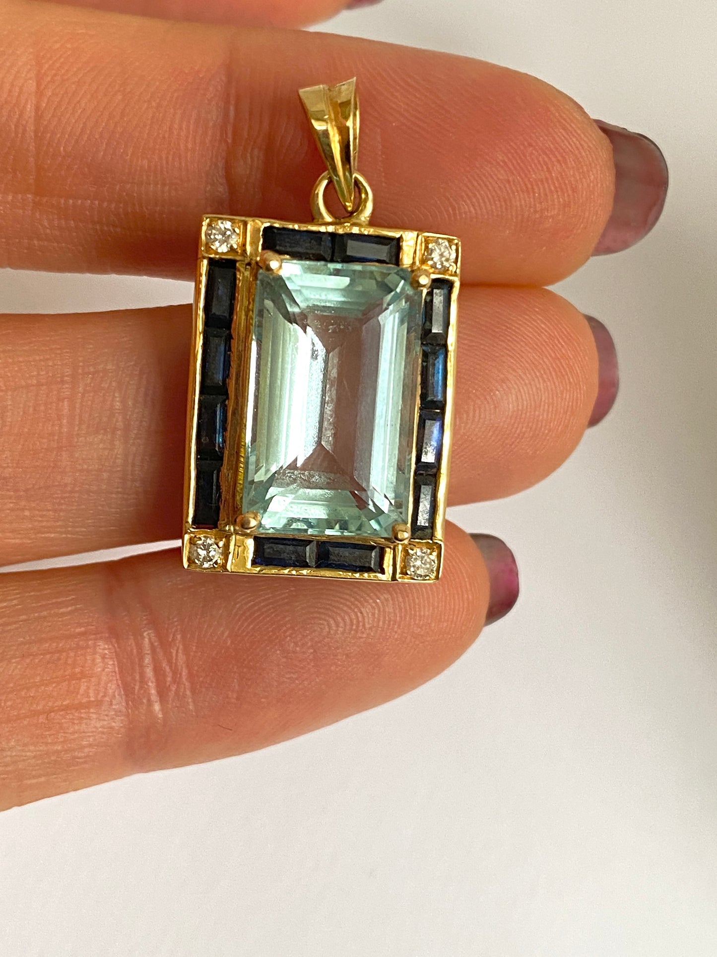 18ct Gold, Vintage, Aquamarine, Sapphire and Diamond Rectangle Pendant