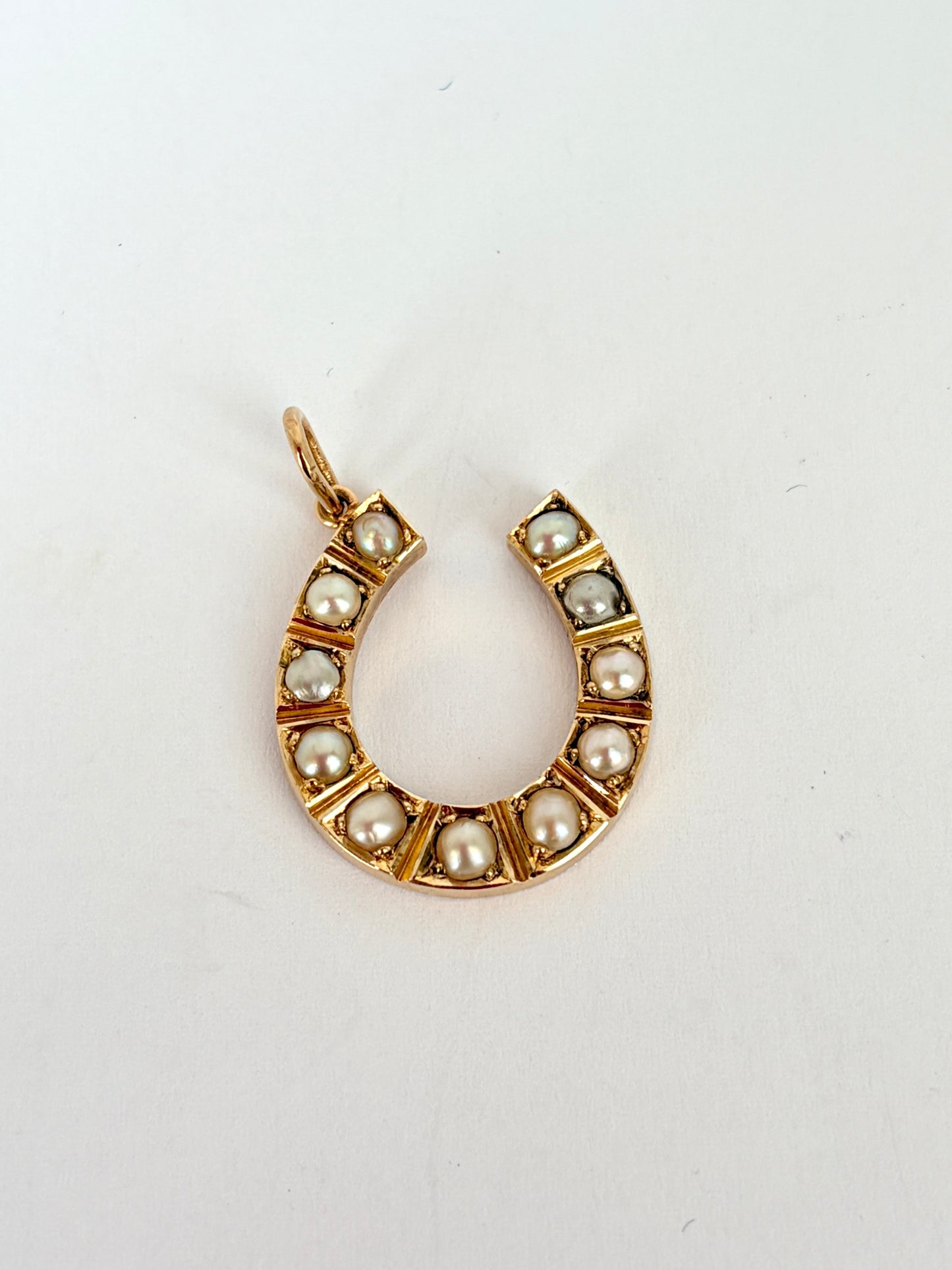 15ct Gold, Victorian Seed Pearl Lucky Horse Shoe Pendant and 9ct Gold Chain