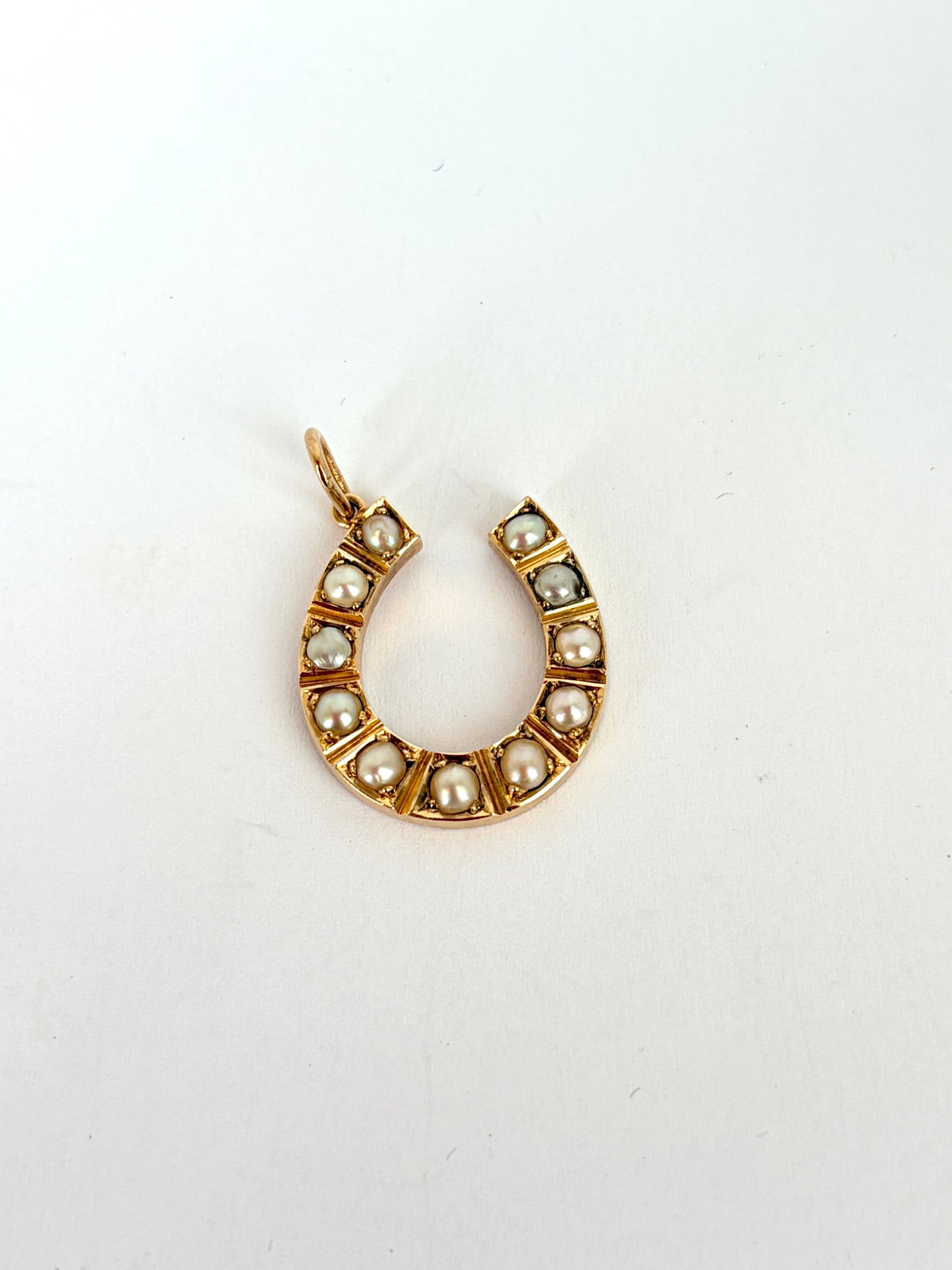 15ct Gold, Victorian Seed Pearl Lucky Horse Shoe Pendant and 9ct Gold Chain