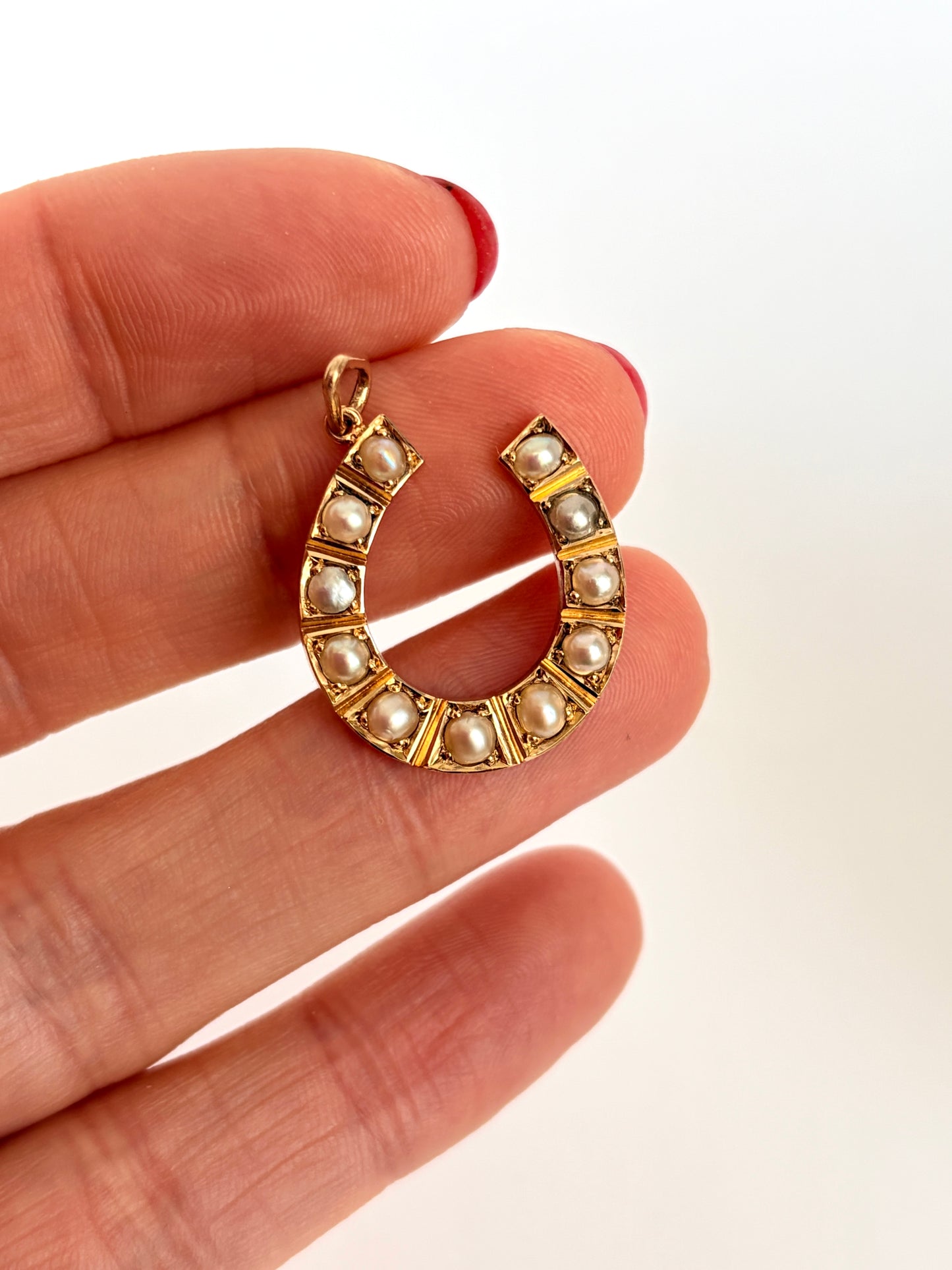 15ct Gold, Victorian Seed Pearl Lucky Horse Shoe Pendant and 9ct Gold Chain