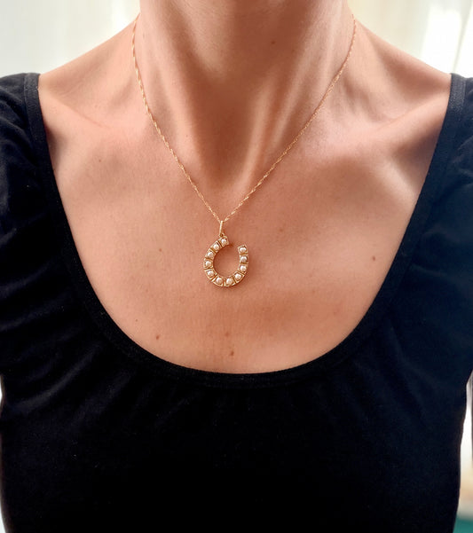 15ct Gold, Victorian Seed Pearl Lucky Horse Shoe Pendant and 9ct Gold Chain