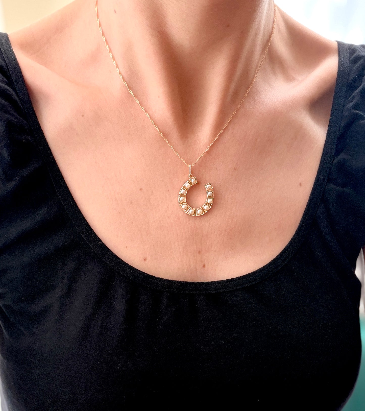 15ct Gold, Victorian Seed Pearl Lucky Horse Shoe Pendant and 9ct Gold Chain