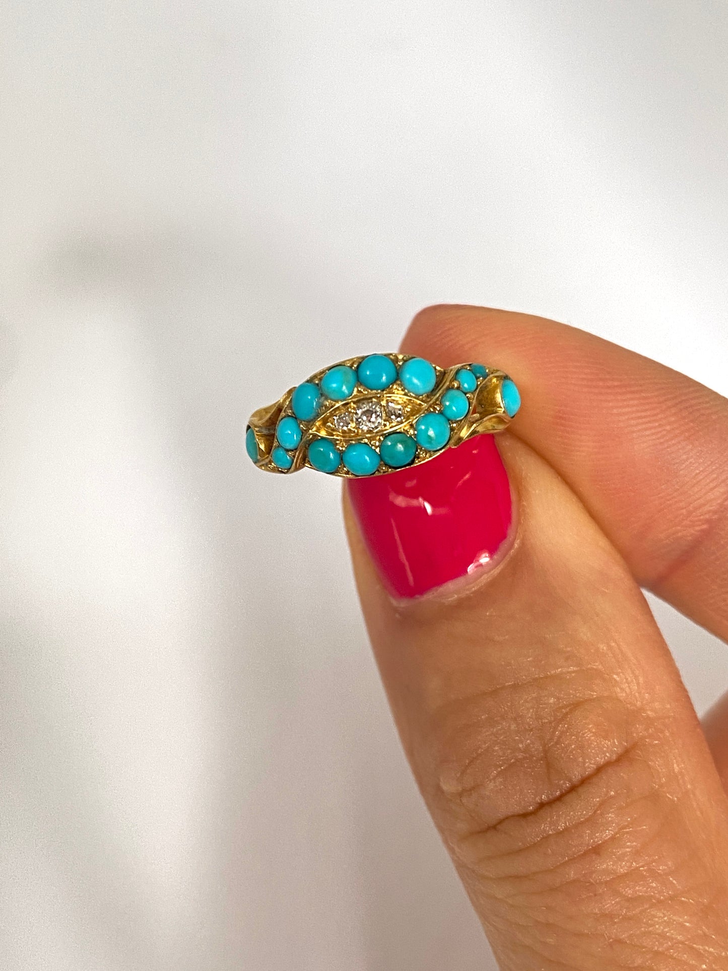 18ct Gold, Vintage 18ct Gold Turquoise and Old Cut Diamond Ring