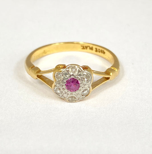 Vintage, 18ct Gold Ruby and Diamond Flower Ring