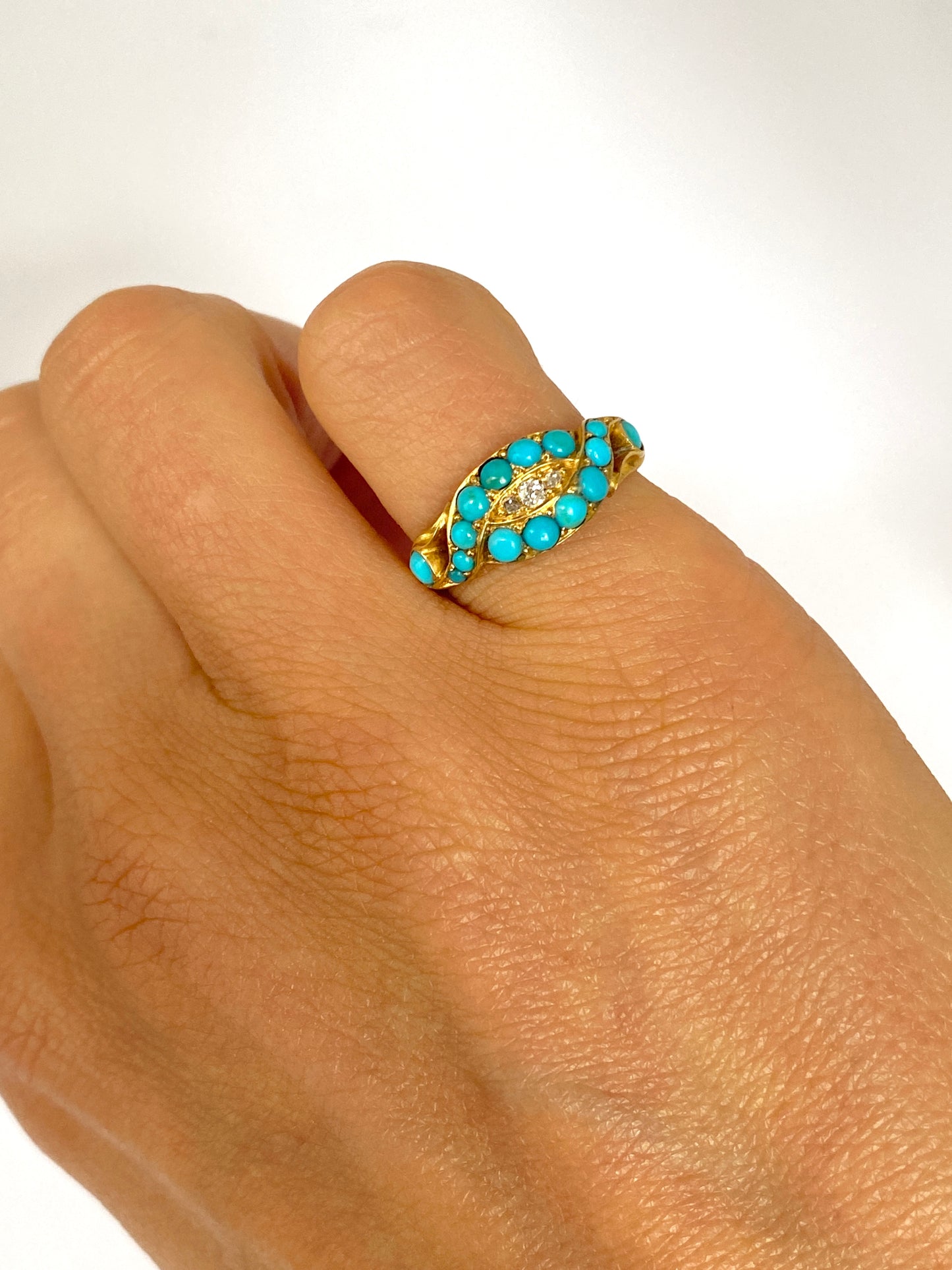 18ct Gold, Vintage 18ct Gold Turquoise and Old Cut Diamond Ring