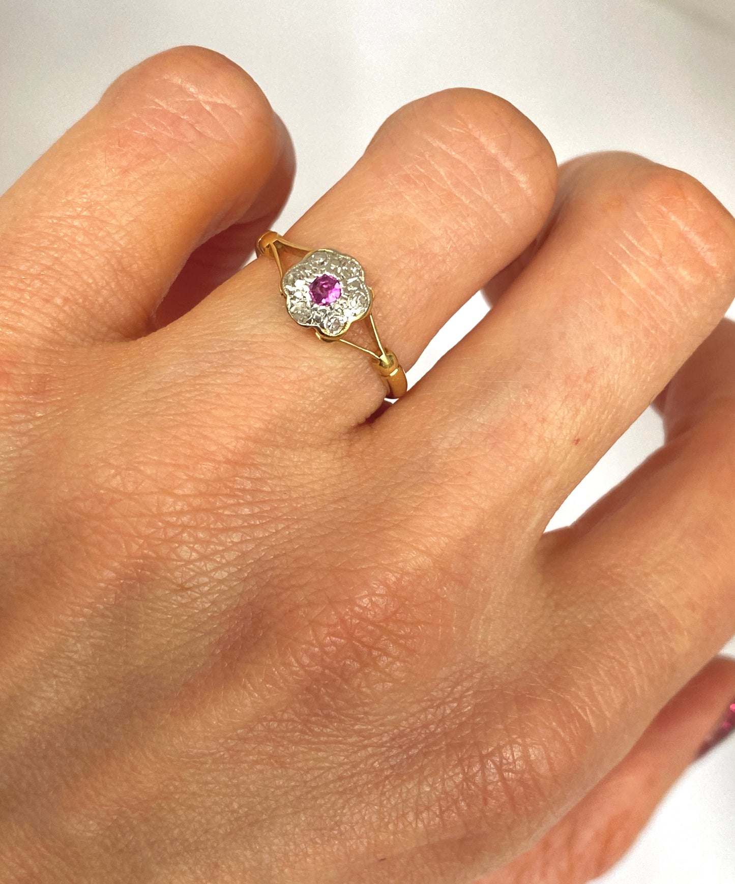 Vintage, 18ct Gold Ruby and Diamond Flower Ring