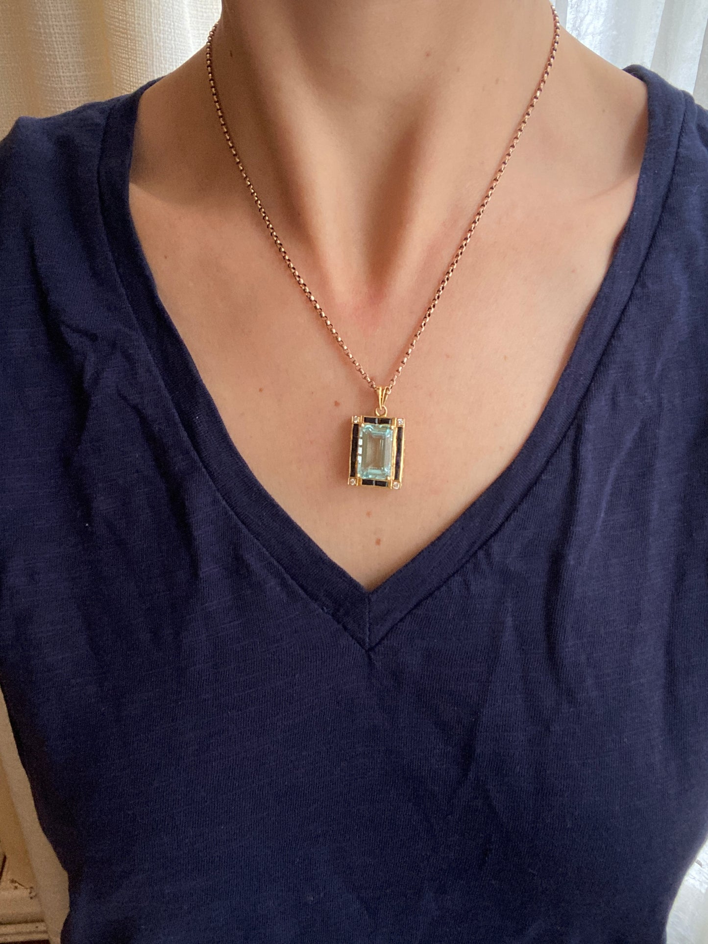 18ct Gold, Vintage, Aquamarine, Sapphire and Diamond Rectangle Pendant