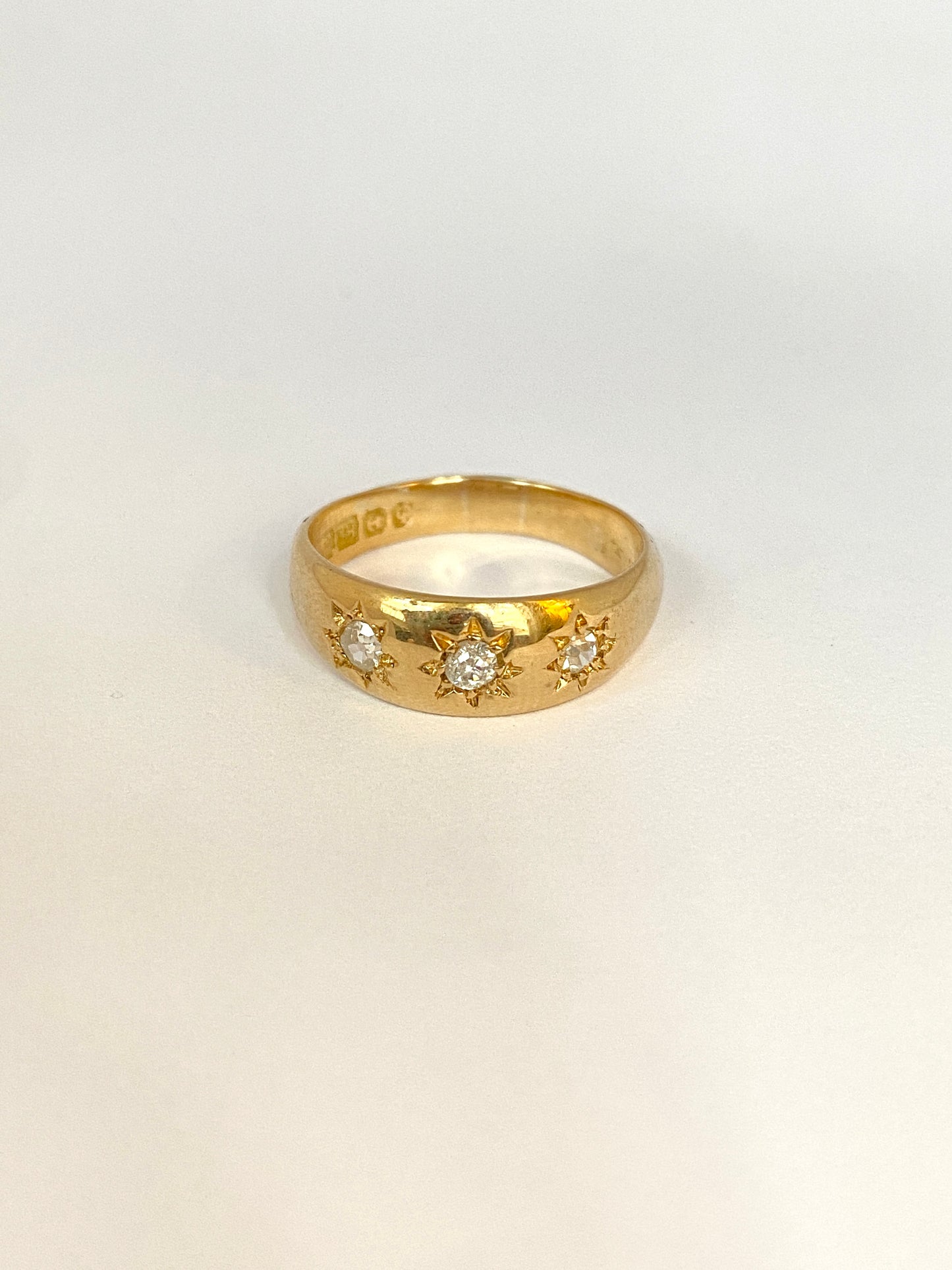 Antique, 18ct Gold, Old Mine Cut Diamond, 3 Star, Gypsy Ring, Hallmarked Birmingham, 1915