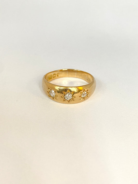 Antique, 18ct Gold, Old Mine Cut Diamond, 3 Star, Gypsy Ring, Hallmarked Birmingham, 1915