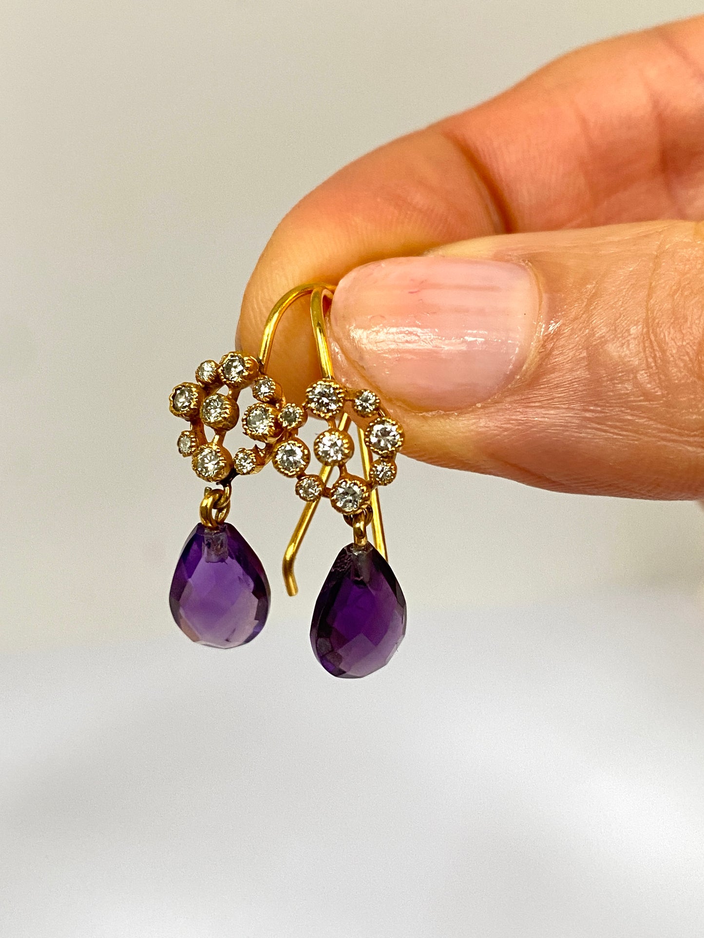 Vintage, 9ct Gold Diamond and Briolette Amethyst Drop Earrings