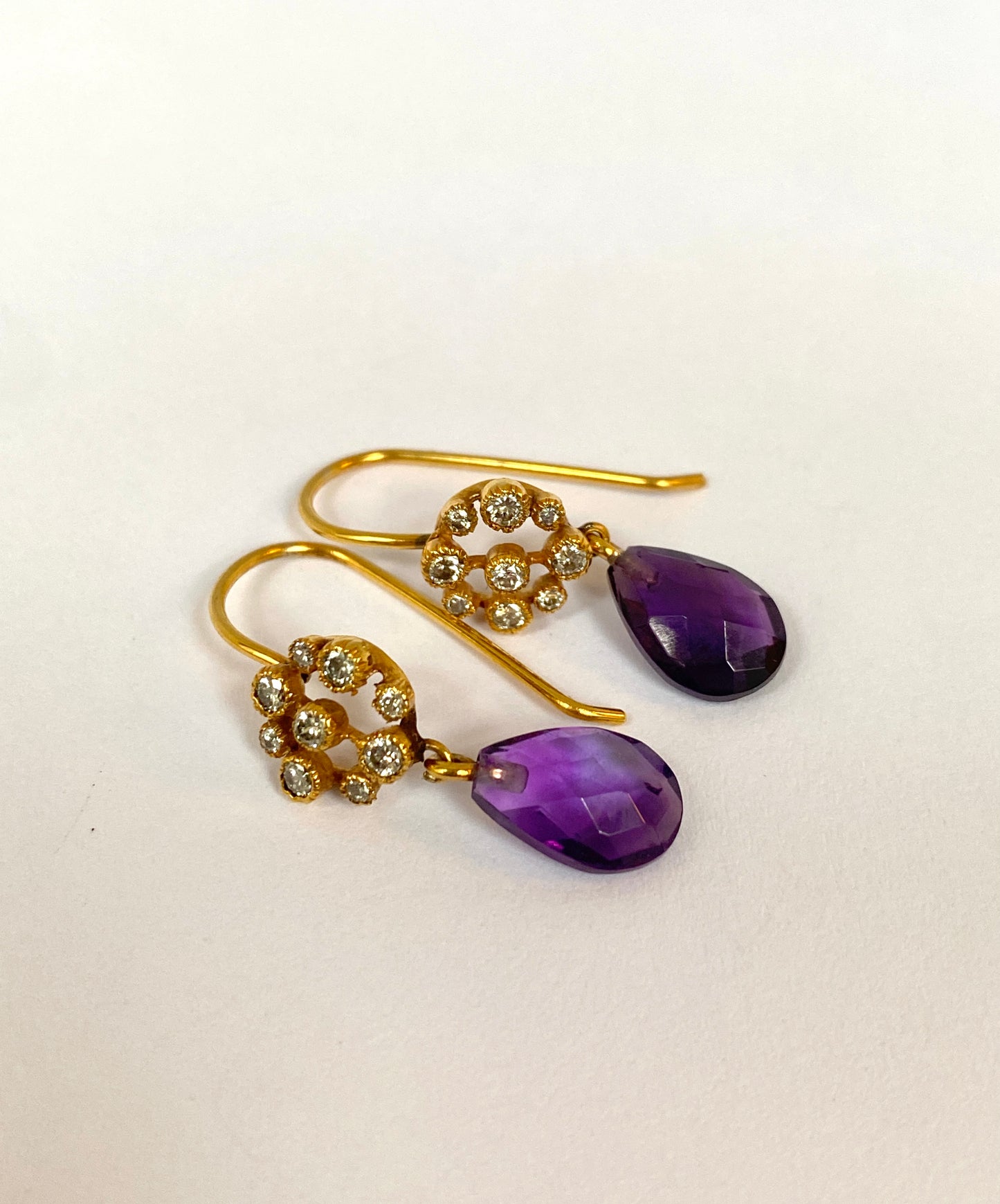 Vintage, 9ct Gold Diamond and Briolette Amethyst Drop Earrings