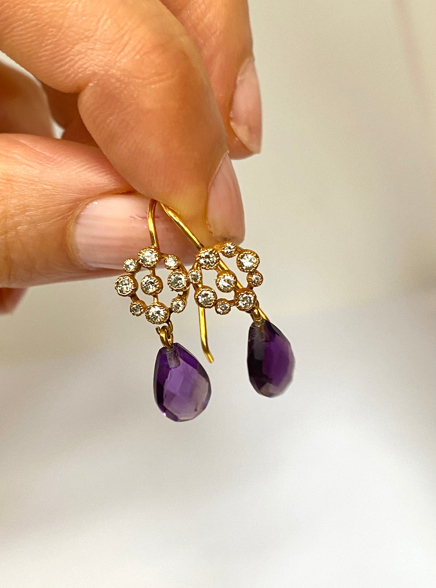 Vintage, 9ct Gold Diamond and Briolette Amethyst Drop Earrings