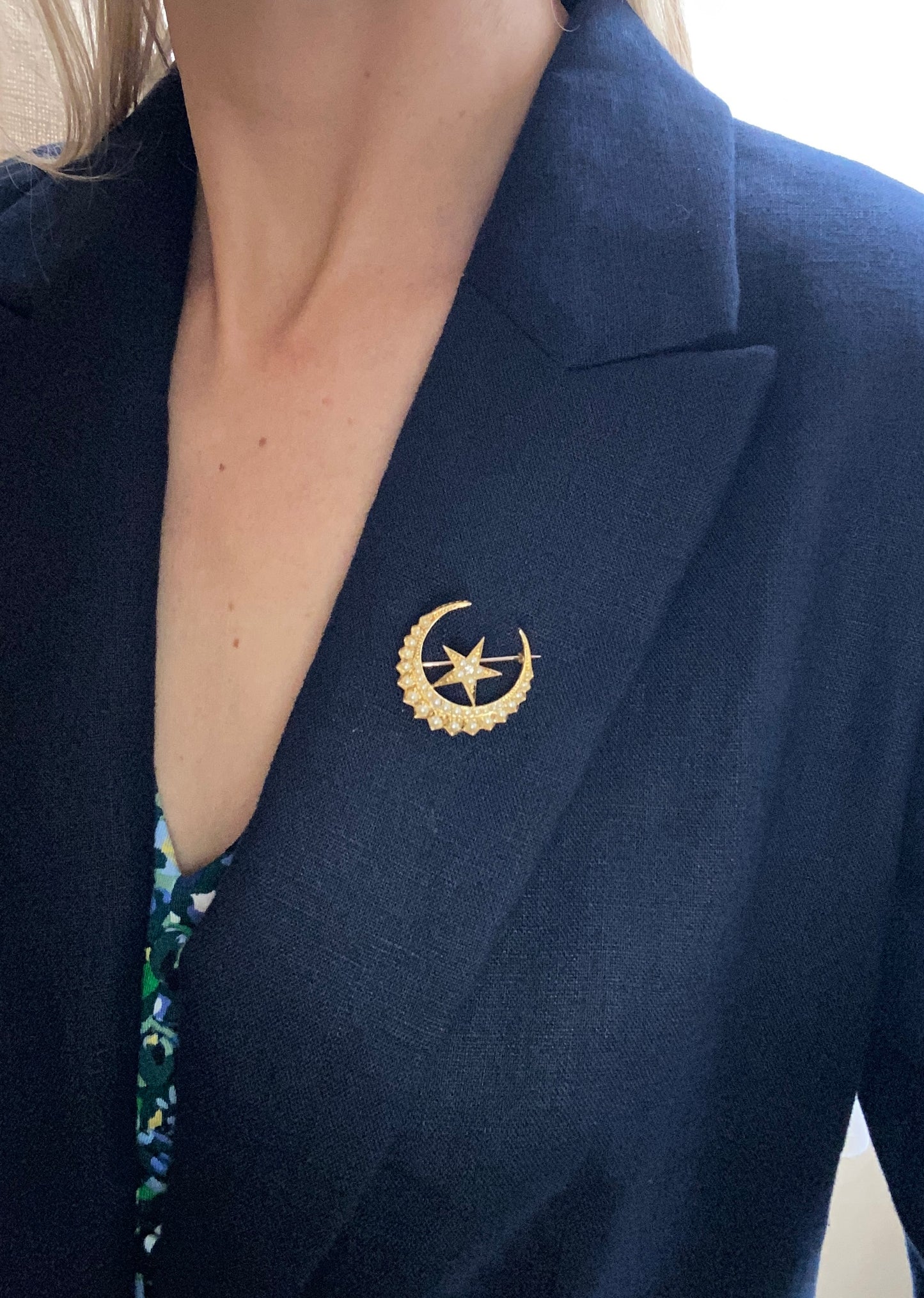 Victorian, 18ct Gold Pearl and Diamond Crescent Moon and Star Brooch