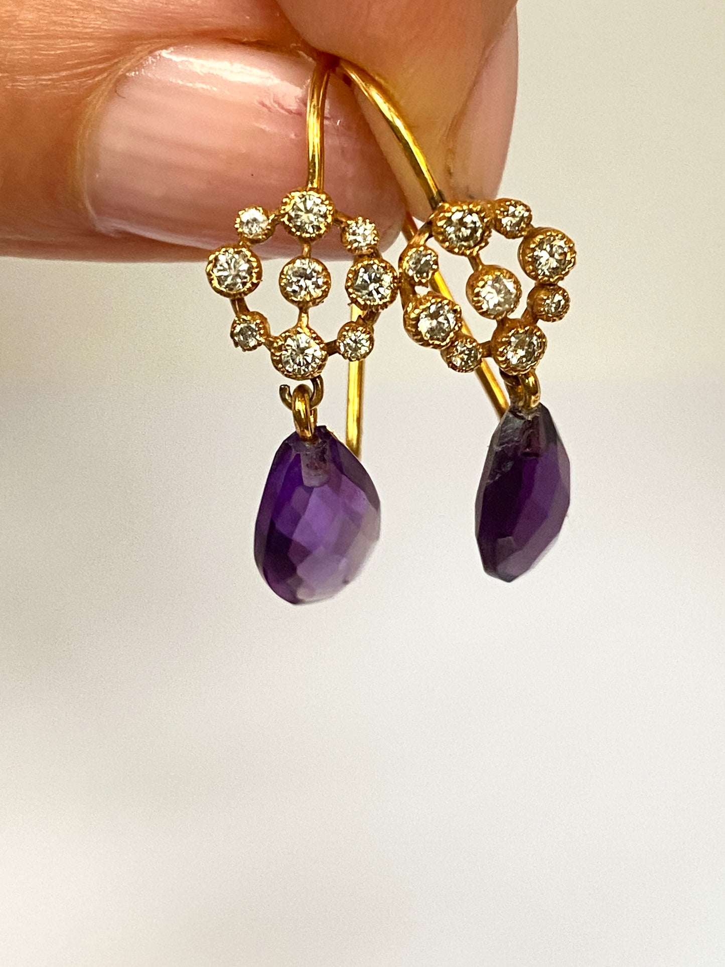 Vintage, 9ct Gold Diamond and Briolette Amethyst Drop Earrings