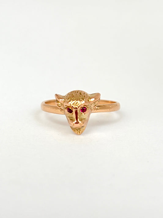 Vintage, 9ct gold Gargoyle Ring with Ruby Eyes.
