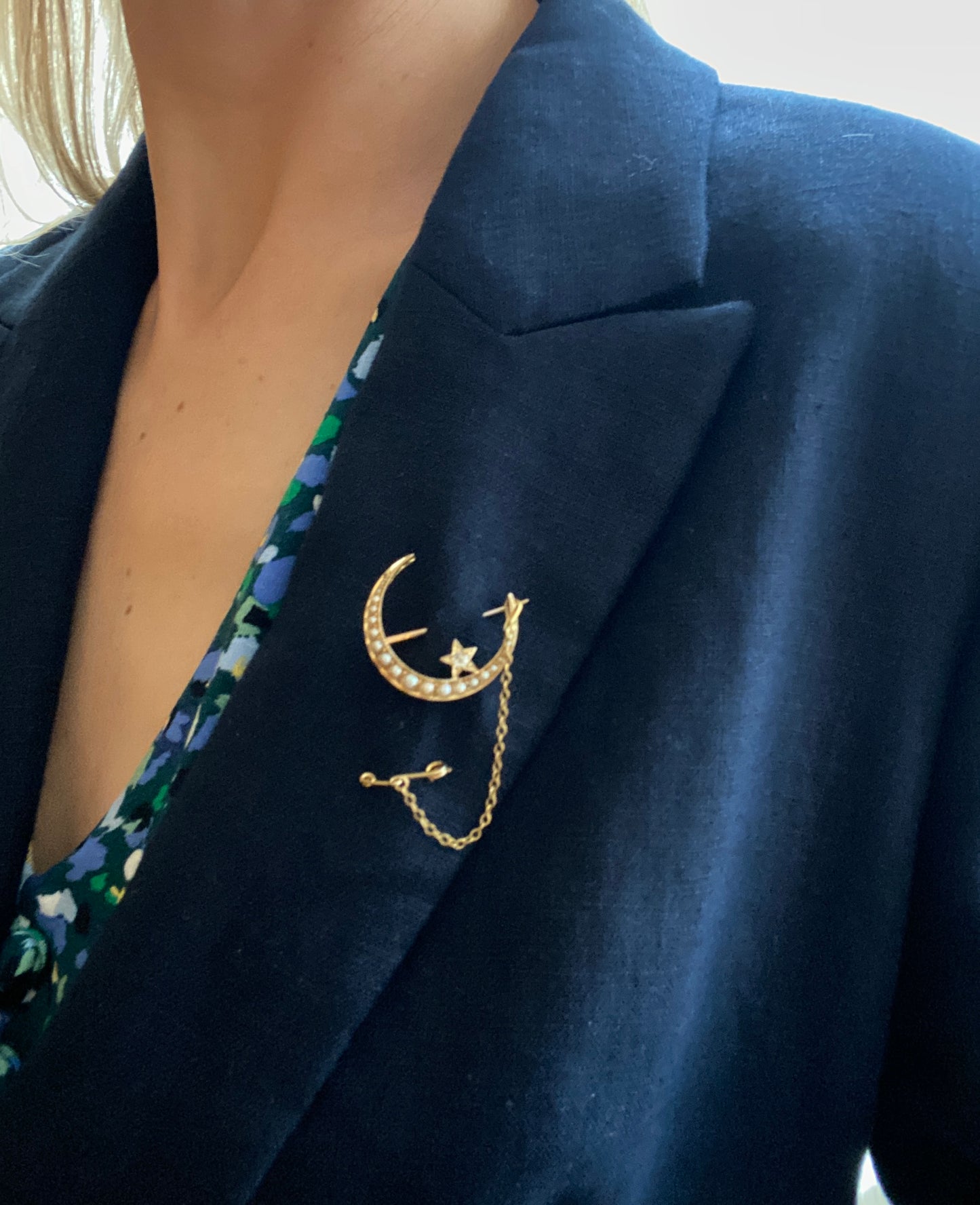 Antique, 15ct Gold Pearl and Diamond Crescent Moon and Star Brooch