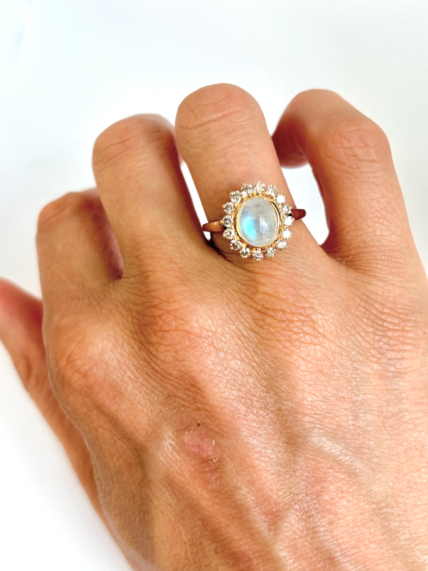 Vintage, 18ct Gold Moonstone and Diamond Cluster Ring
