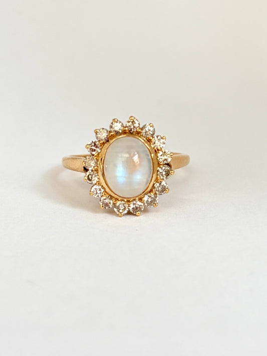 Vintage, 18ct Gold Moonstone and Diamond Cluster Ring