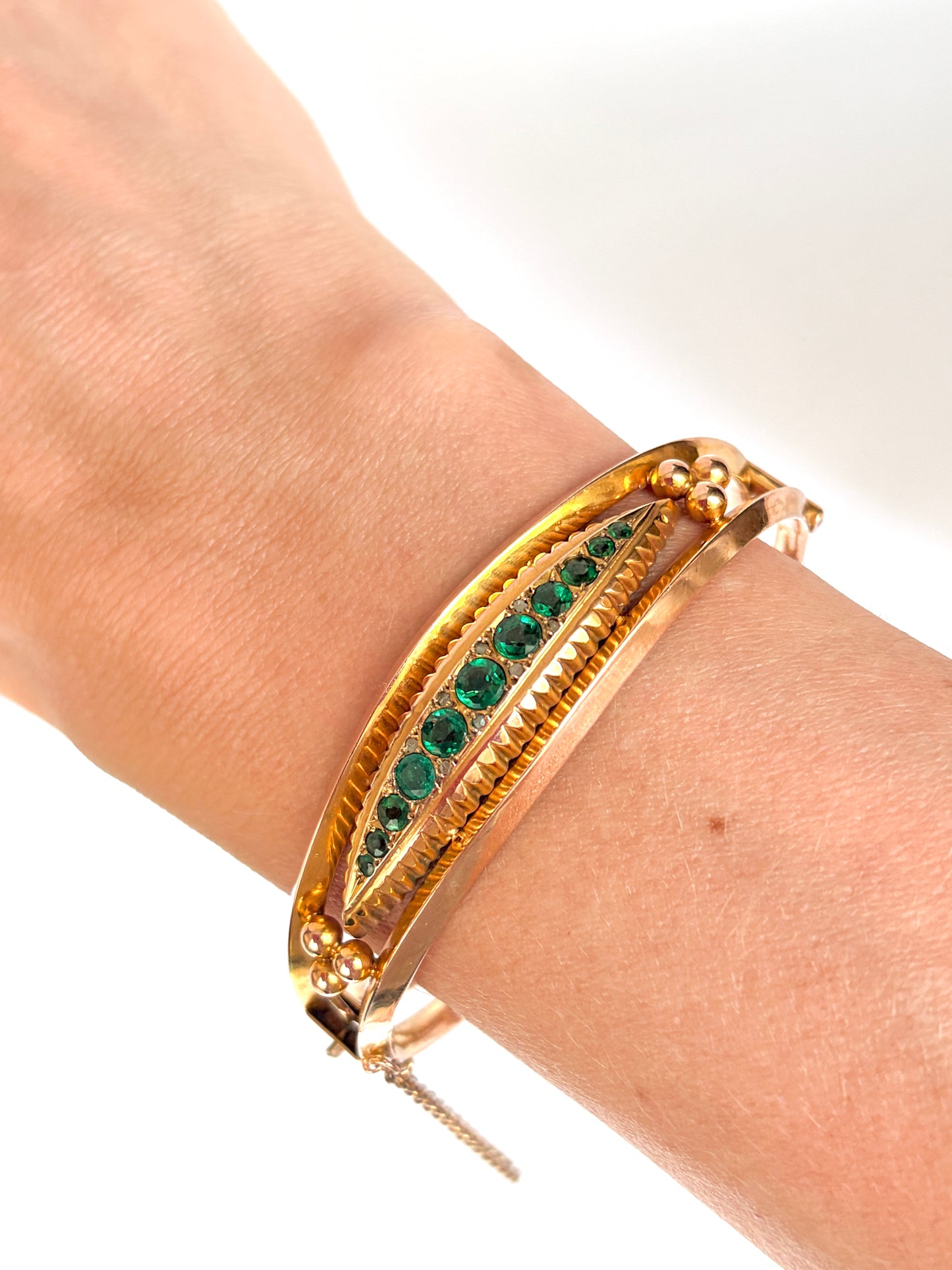 Antique, 9ct Gold,  Emerald and Diamond Bangle, Hallmarked, 9ct Gold, Chester 1909  (10.78g)