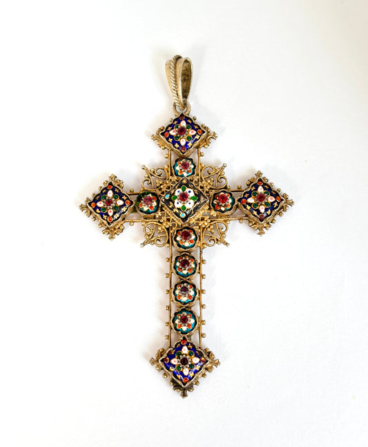 Antique, French, Silver Gilt Bourg-en-Bresses Enamel Cross