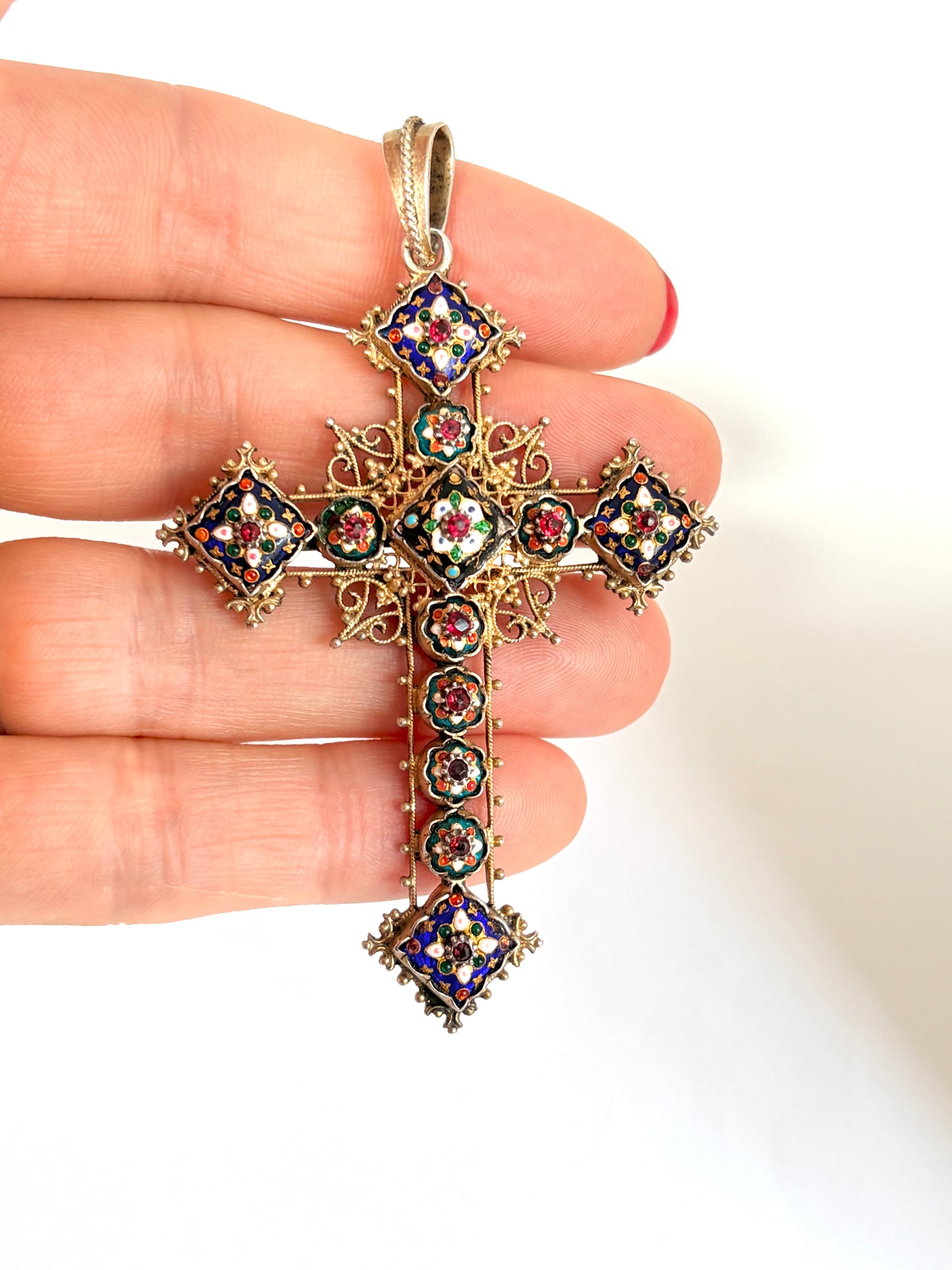 Antique, French, Silver Gilt Bourg-en-Bresses Enamel Cross