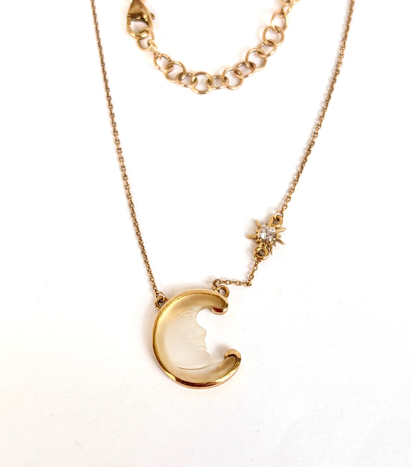 RESERVED 1st payment Vintage Glenn Lehrer, 9ct Gold 'Man in the Moon' Moon and Star necklace