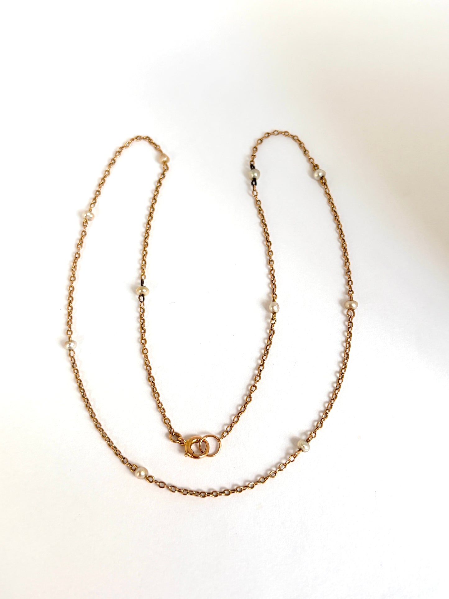 17 inch, Edwardian, 9ct Gold Pearl Station Necklace.