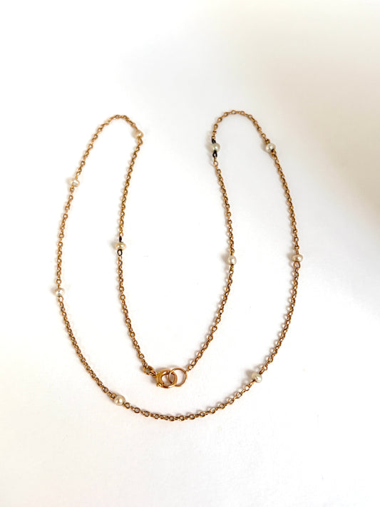 17 inch, Edwardian, 9ct Gold Pearl Station Necklace.
