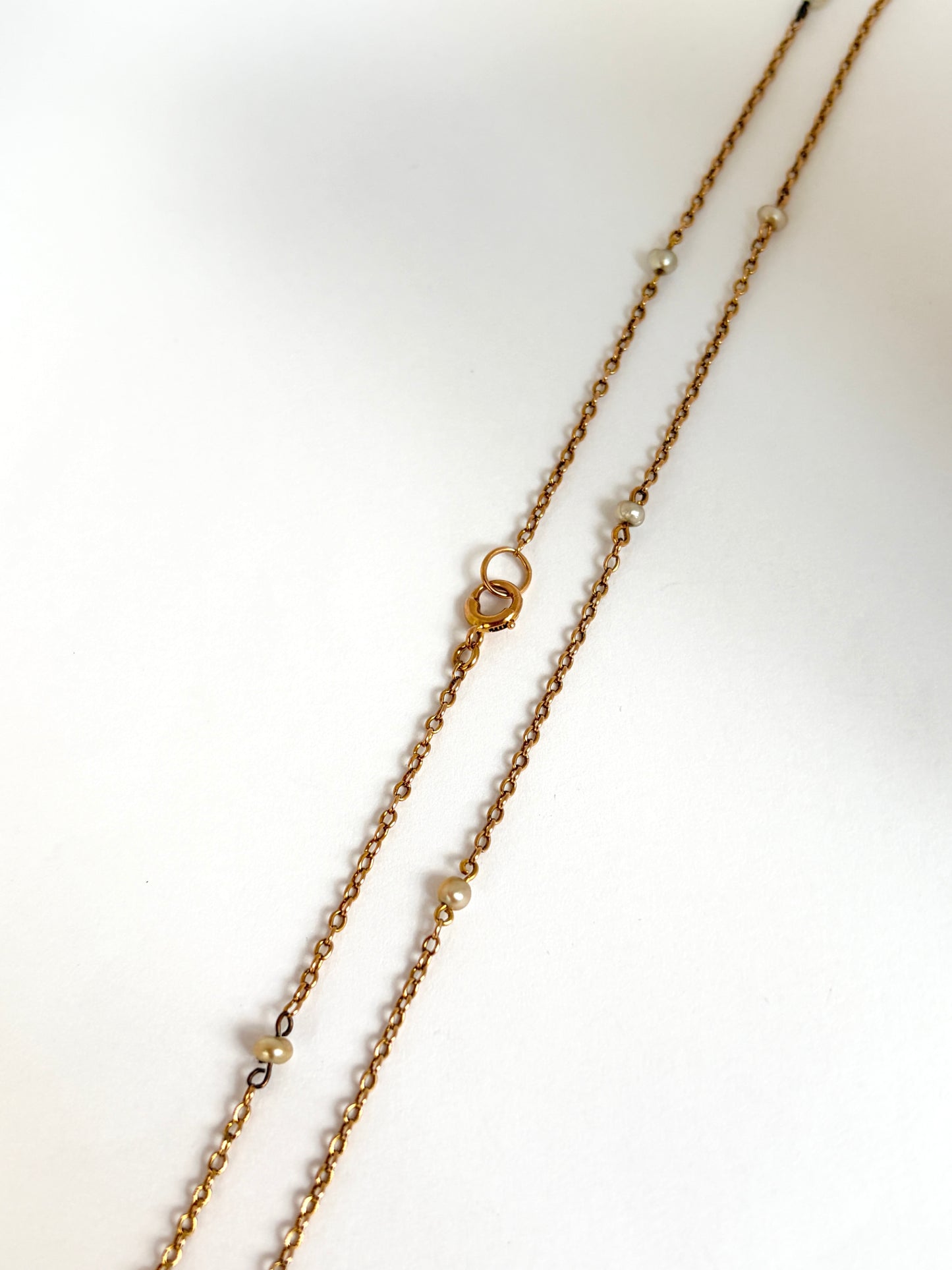 17 inch, Edwardian, 9ct Gold Pearl Station Necklace.
