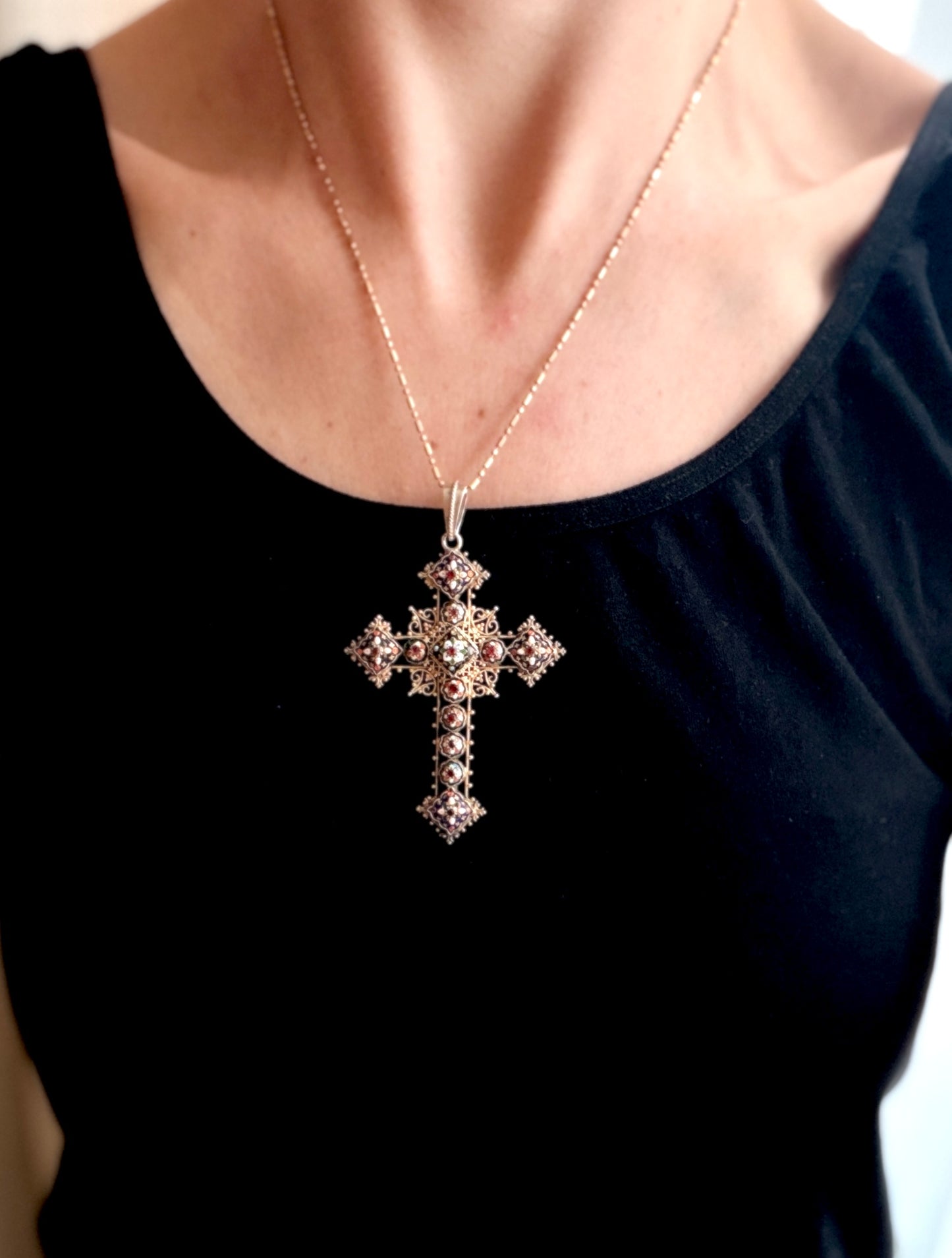 Antique, French, Silver Gilt Bourg-en-Bresses Enamel Cross