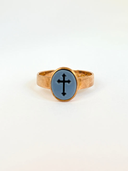 Victorian, 15ct Gold, Chalcedony  Cross Ring, Hallmarked Birmingham 1866