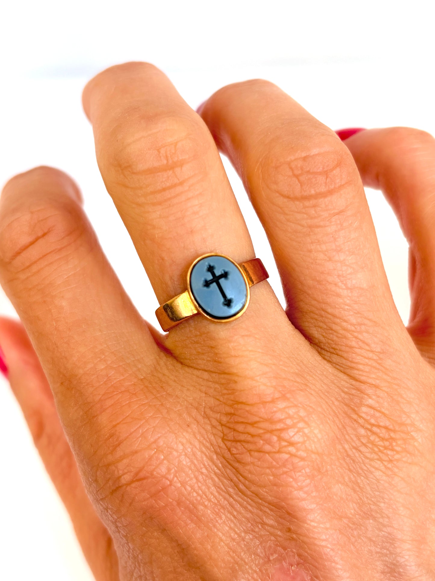 Victorian, 15ct Gold, Chalcedony  Cross Ring, Hallmarked Birmingham 1866