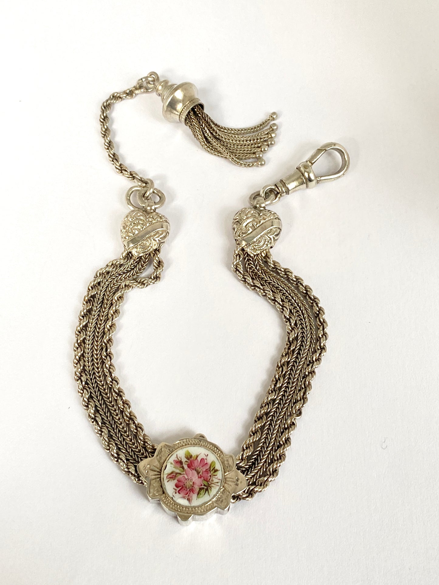 Antique, Silver and Enamel Fancy Link Albertina Bracelet with Dog Clip and Tassel