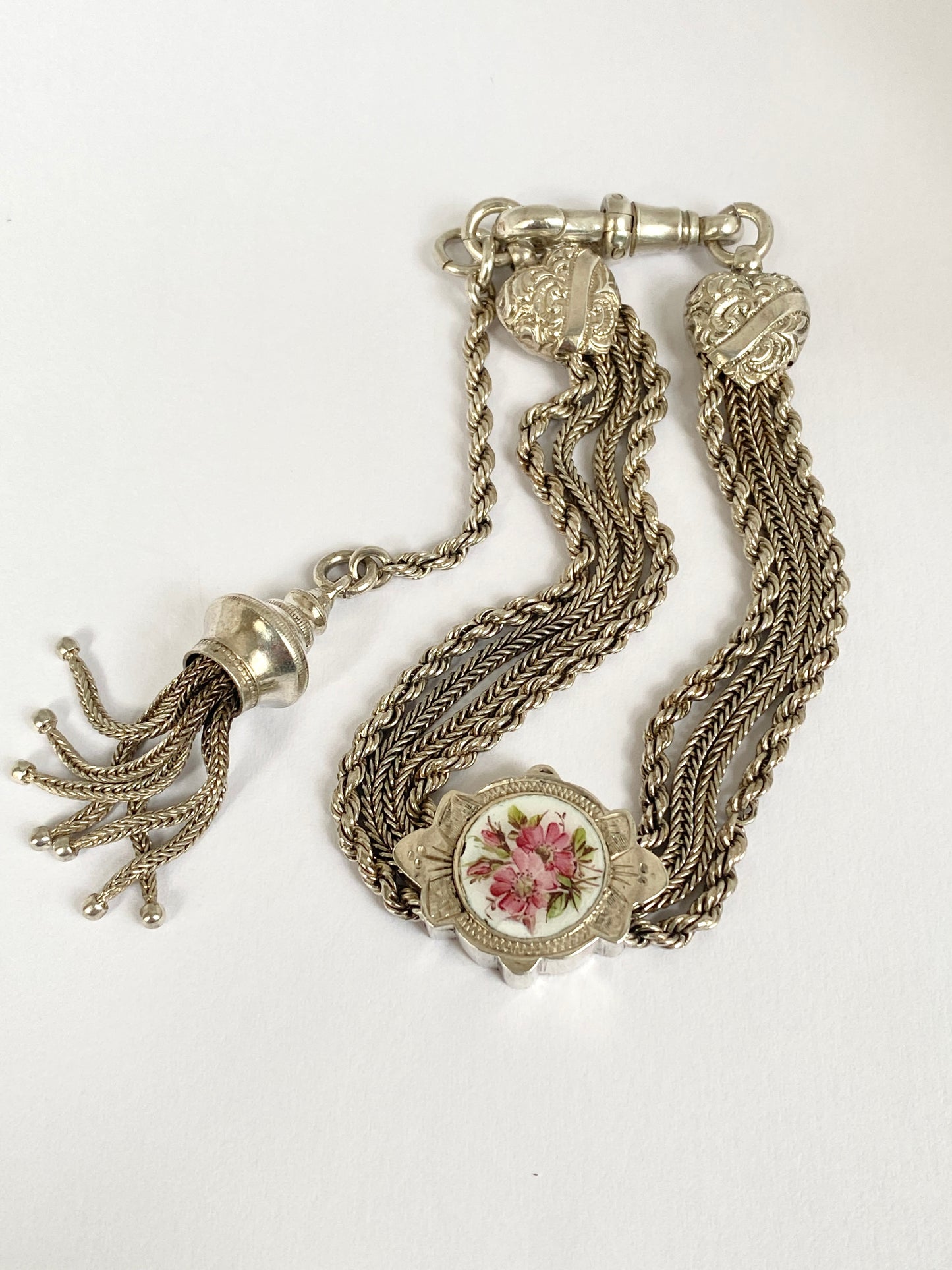 Antique, Silver and Enamel Fancy Link Albertina Bracelet with Dog Clip and Tassel