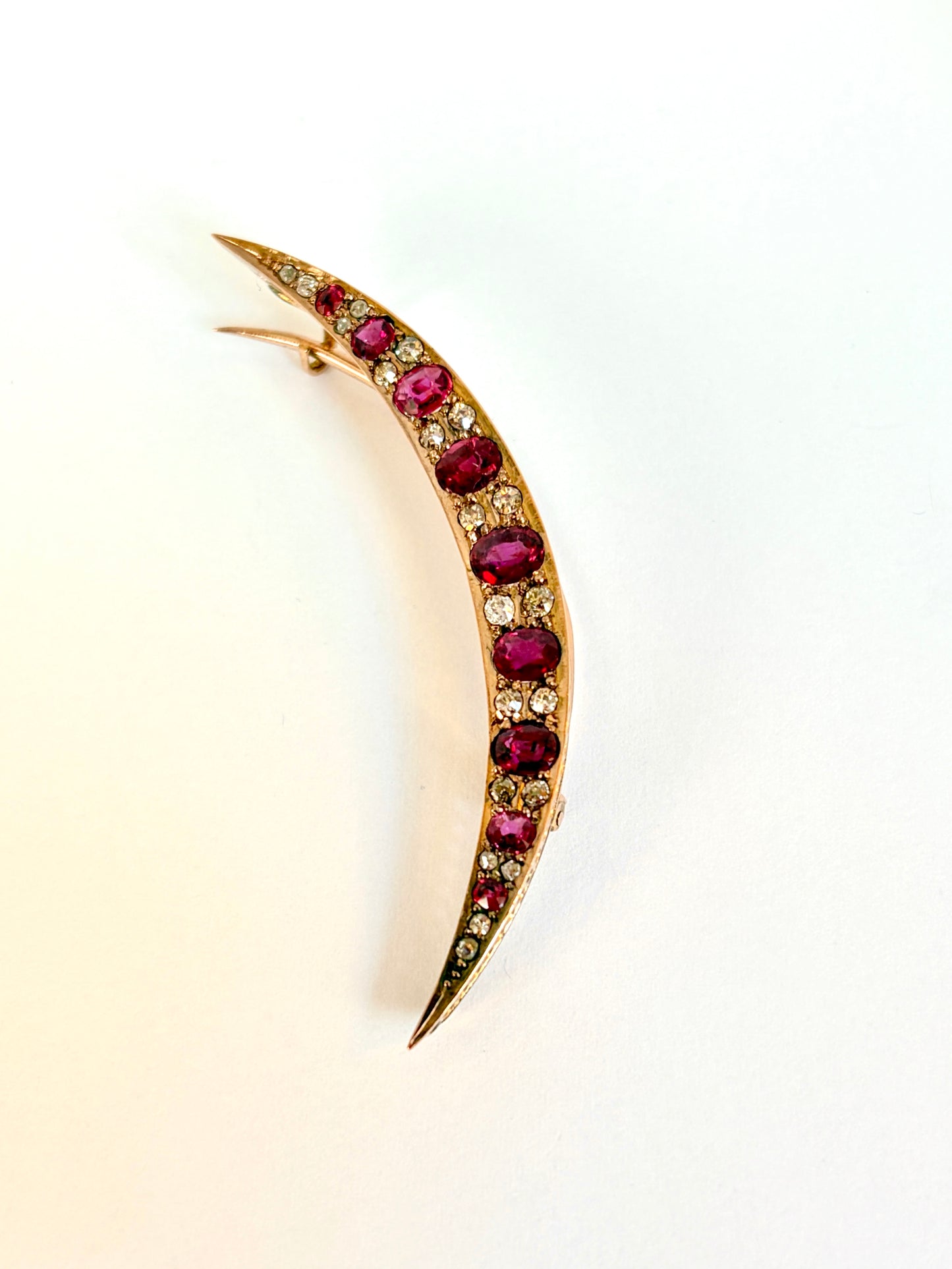 Victorian 9ct Gold Ruby/Diamond Crescent Brooch