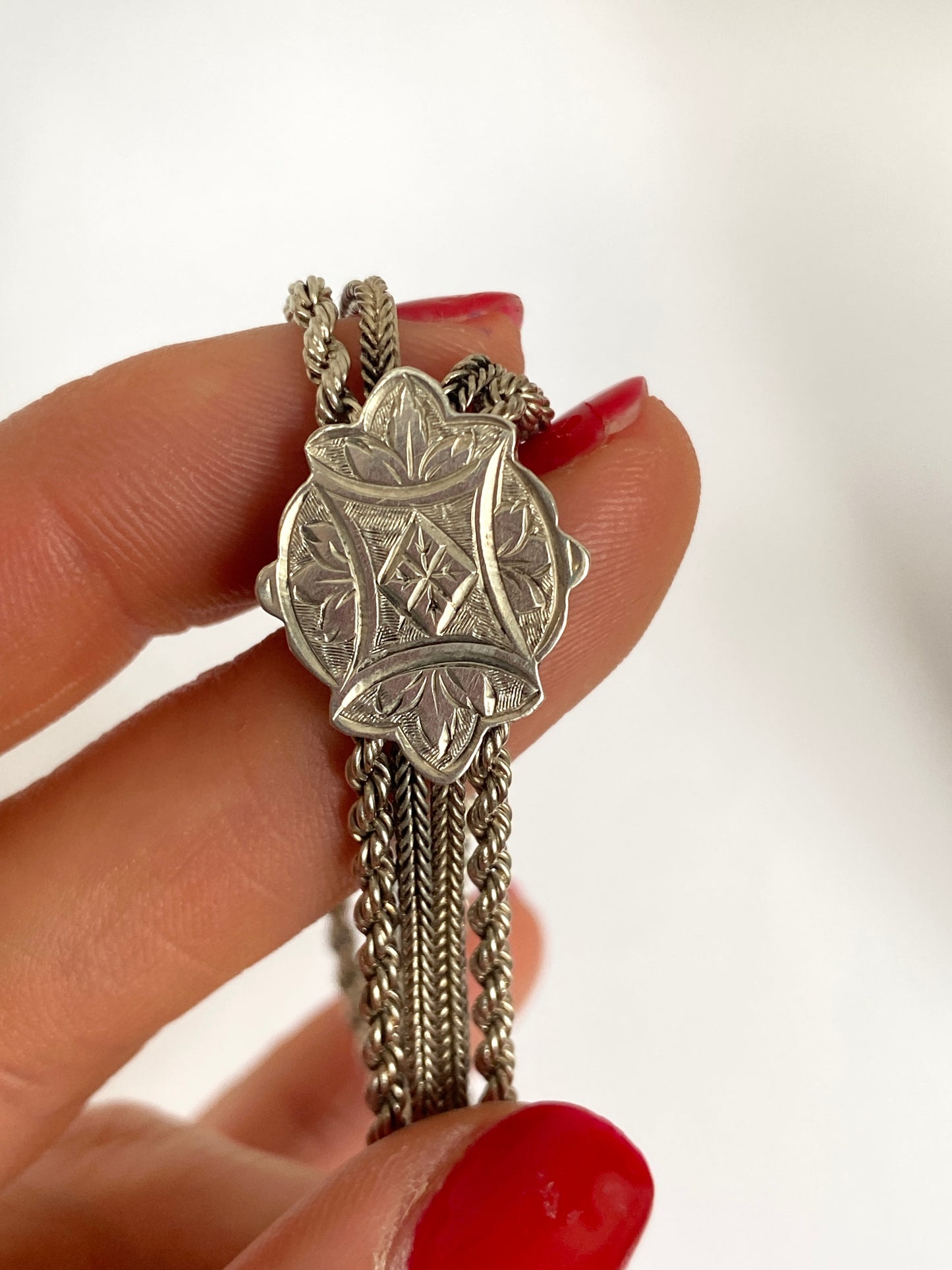 Antique, Silver and Enamel Fancy Link Albertina Bracelet with Dog Clip and Tassel