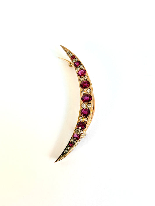 Victorian 9ct Gold Ruby/Diamond Crescent Brooch