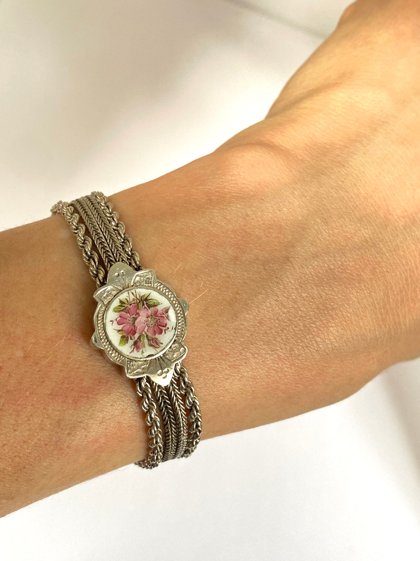 Antique, Silver and Enamel Fancy Link Albertina Bracelet with Dog Clip and Tassel