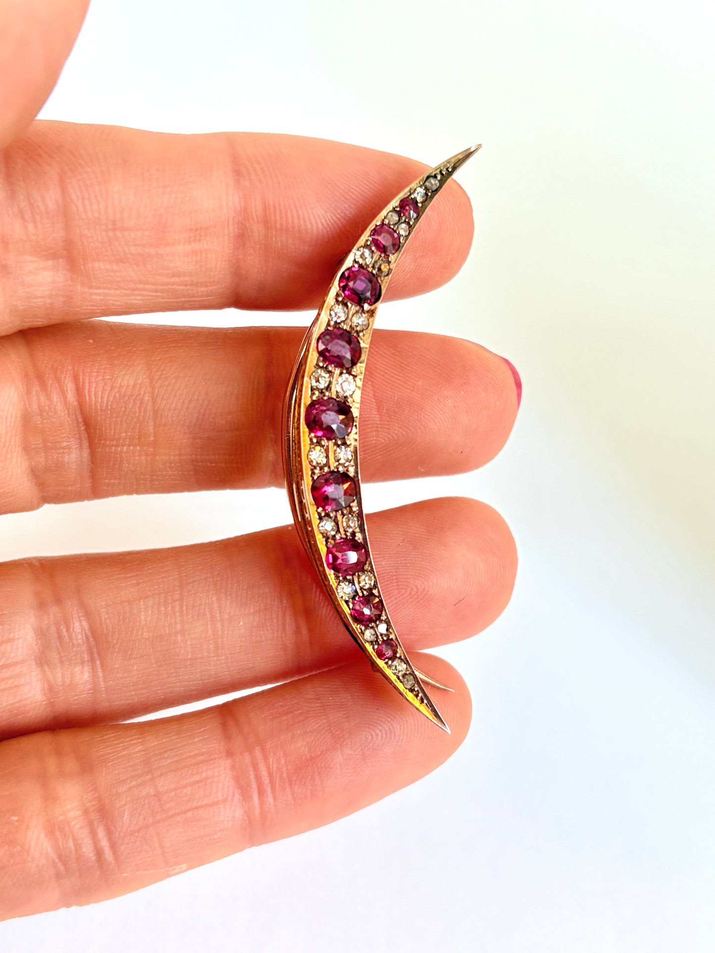 Victorian 9ct Gold Ruby/Diamond Crescent Brooch