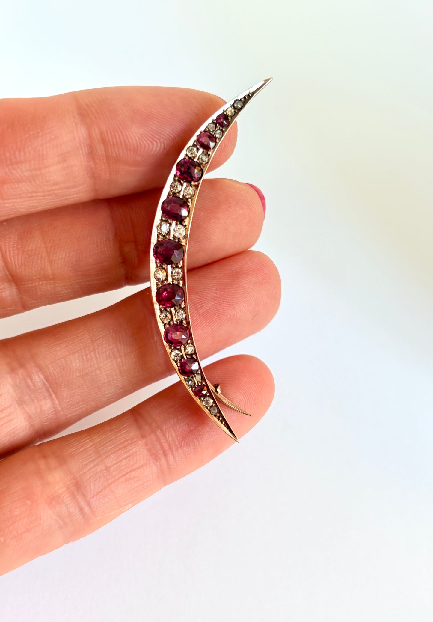 Victorian 9ct Gold Ruby/Diamond Crescent Brooch