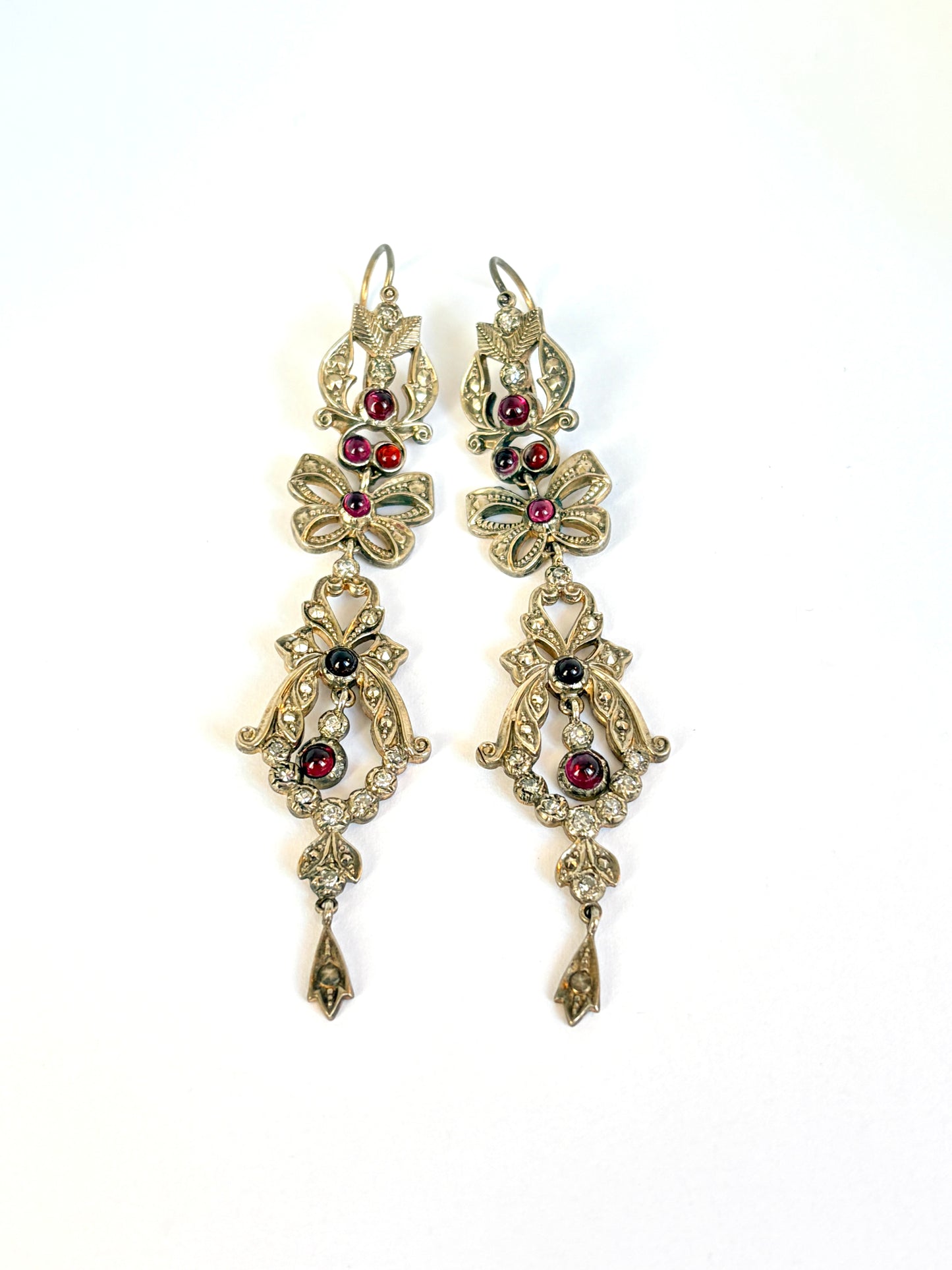 Incredible Victorian, Silver, Diamond and Garnet Paste Flower Drop Earrings