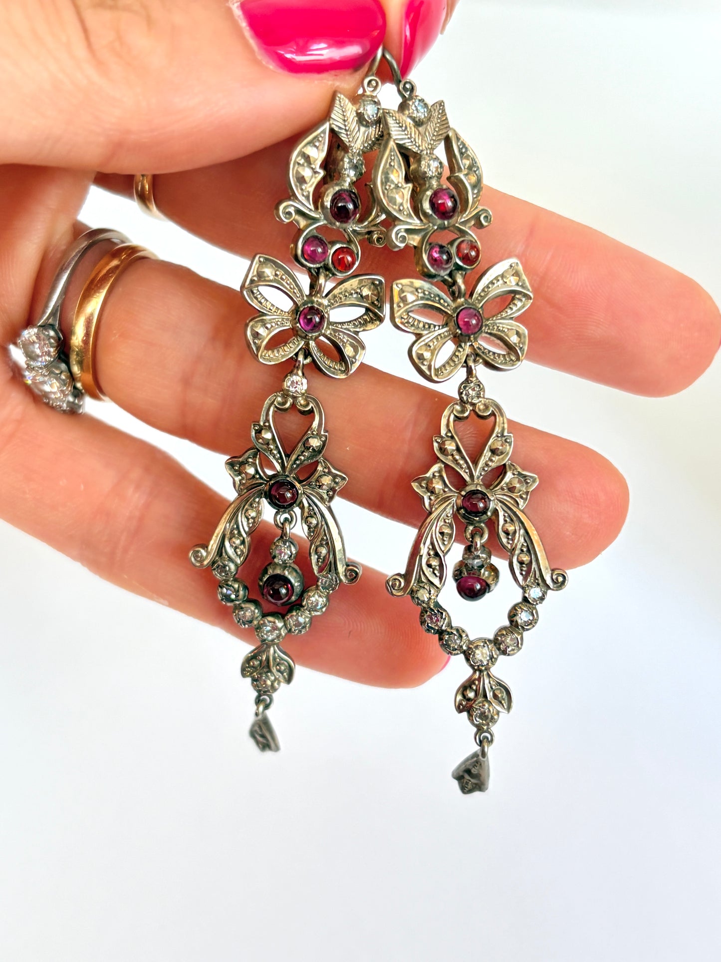 Incredible Victorian, Silver, Diamond and Garnet Paste Flower Drop Earrings