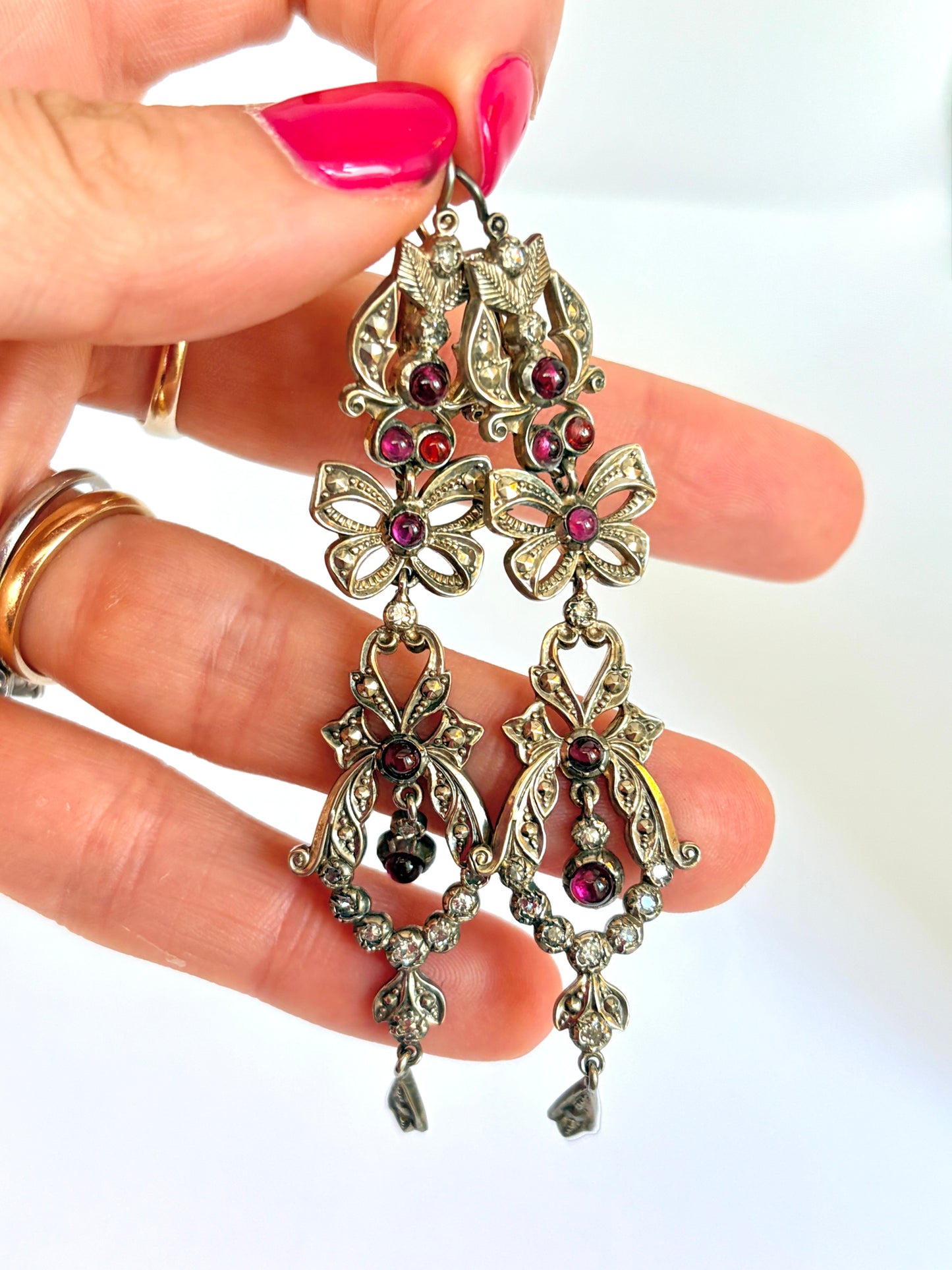 Incredible Victorian, Silver, Diamond and Garnet Paste Flower Drop Earrings