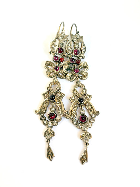 Incredible Victorian, Silver, Diamond and Garnet Paste Flower Drop Earrings