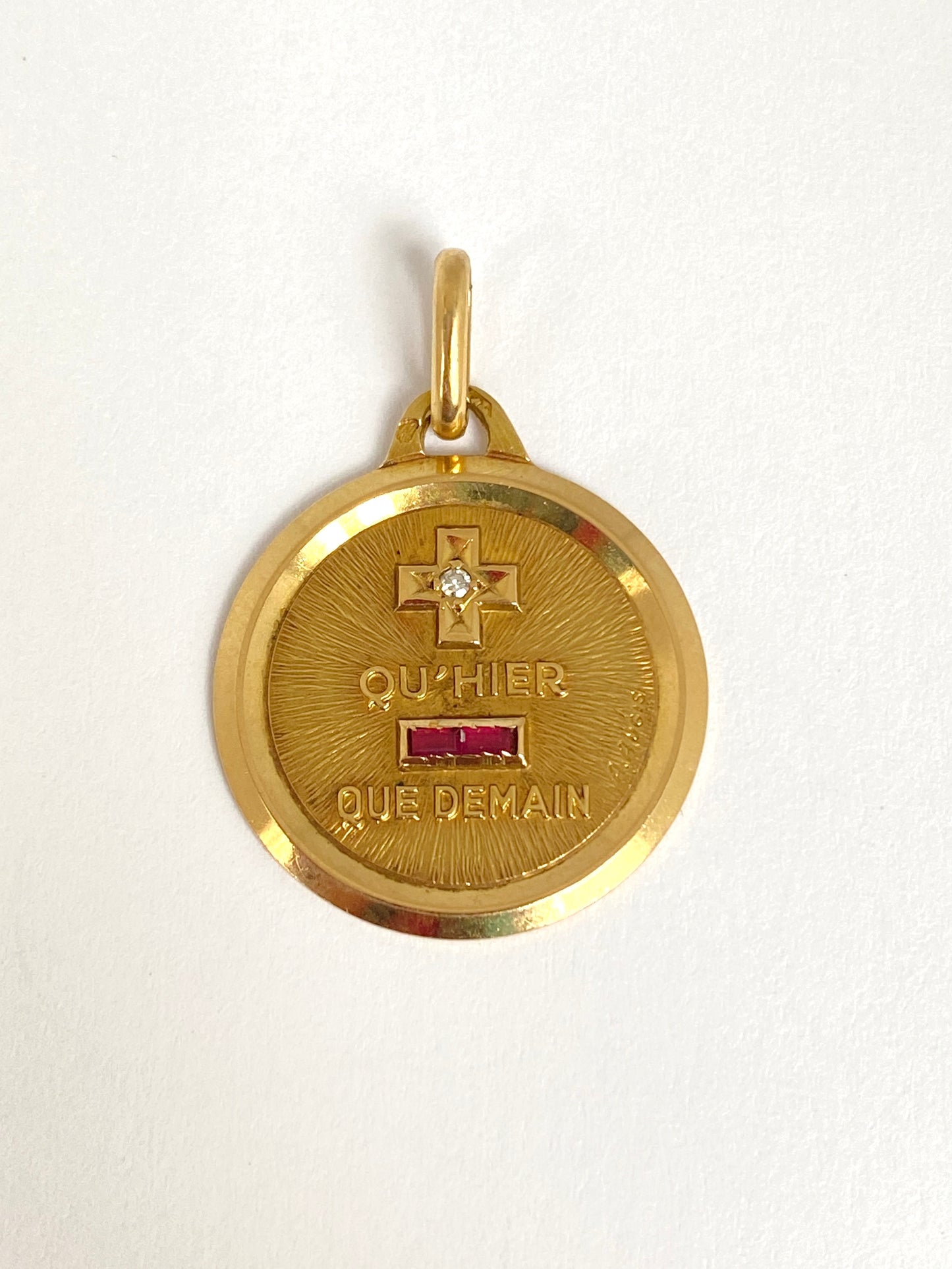 Vintage, 18ct Gold, Diamond and Ruby French Augis Love Pendant, 'Qu'hier - Que demain'