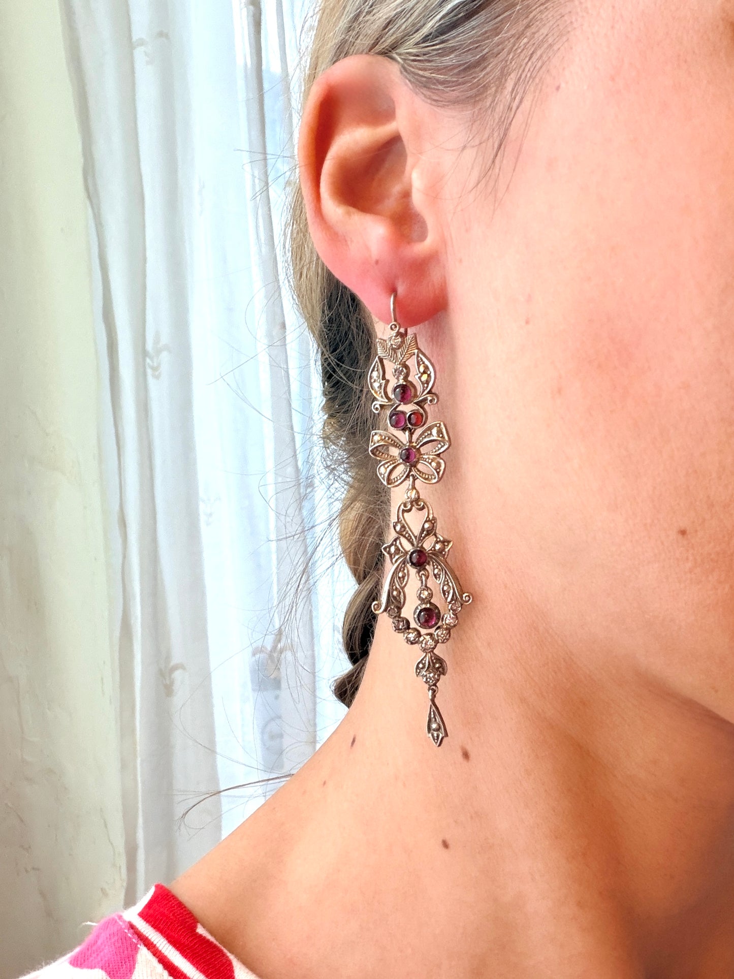 Incredible Victorian, Silver, Diamond and Garnet Paste Flower Drop Earrings