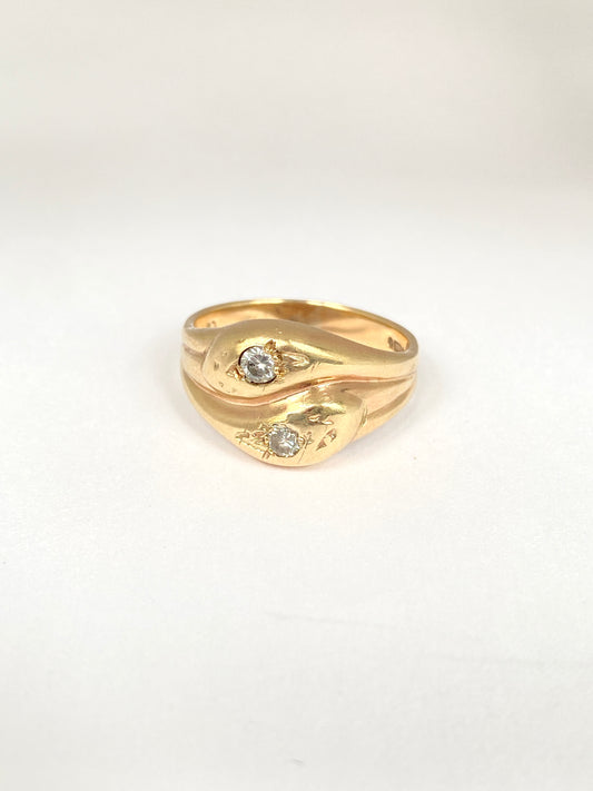 9ct Gold Vintage 9ct Gold, Double Diamond Double Snake Ring, Hallmarked London, 1961