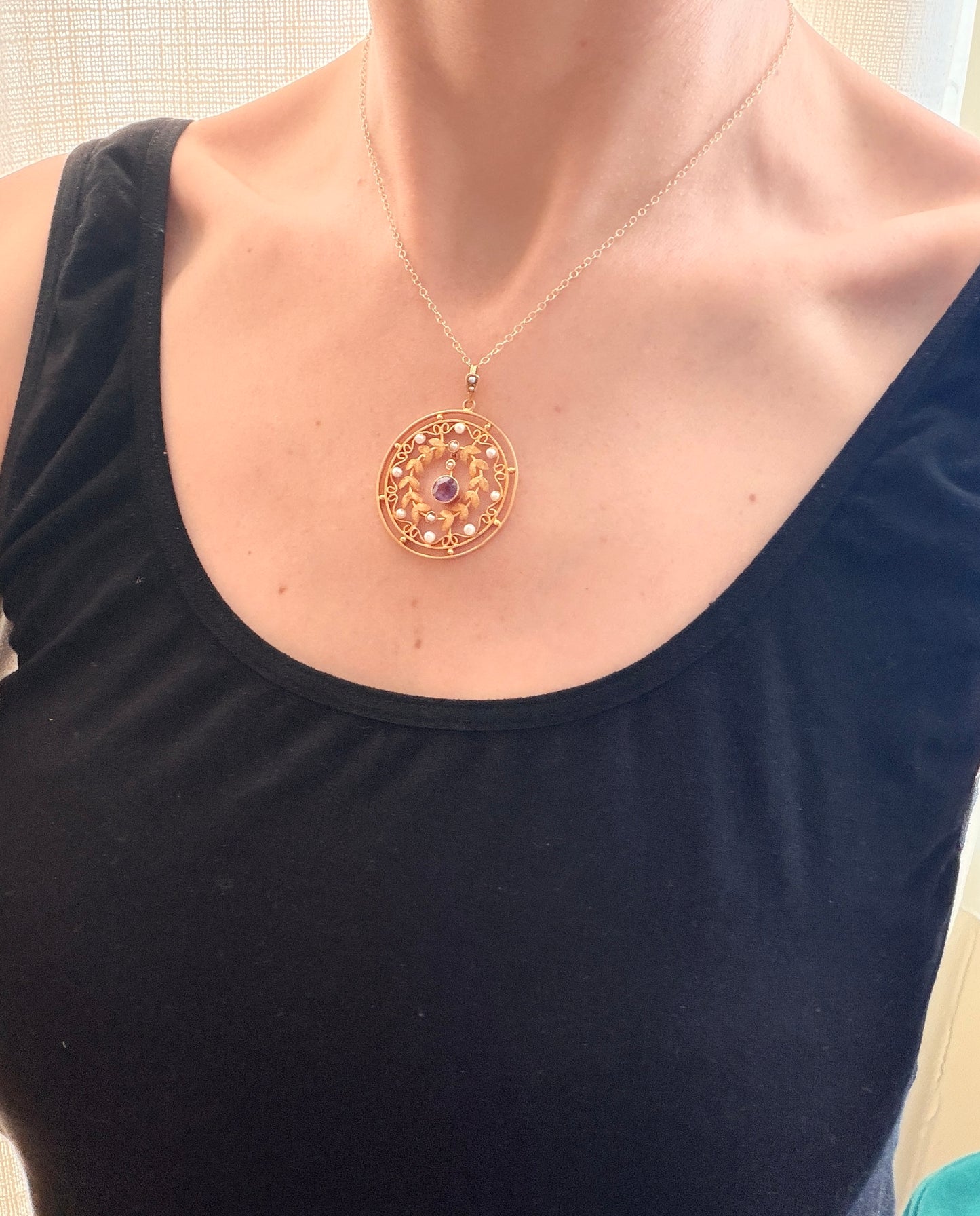 Fabulous Art Nouveau, 9ct Gold, Amethyst and Pearl Pendant