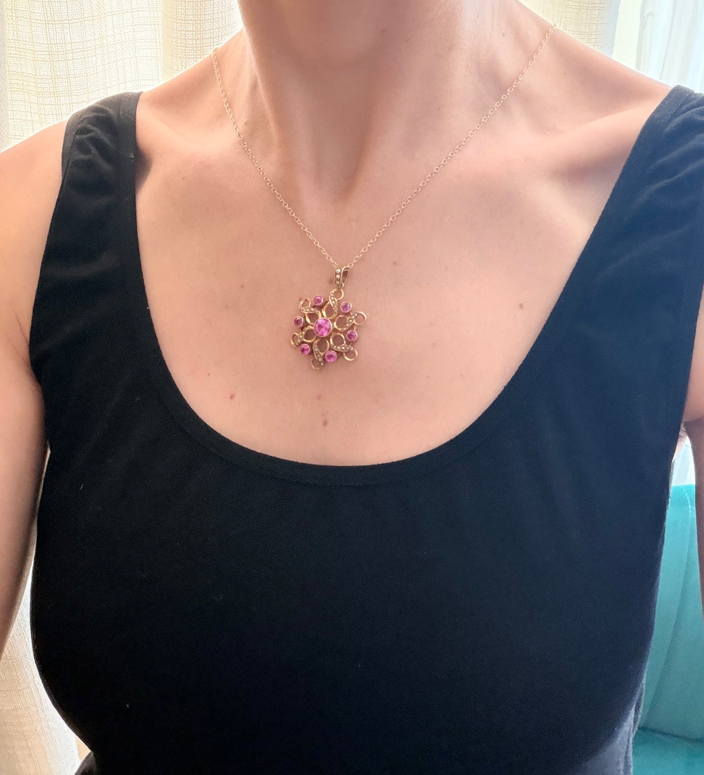 Fabulous Antique, 9ct Gold, Pink Sapphire and Pearl Pendant, Hallmarked Birmingham 1913