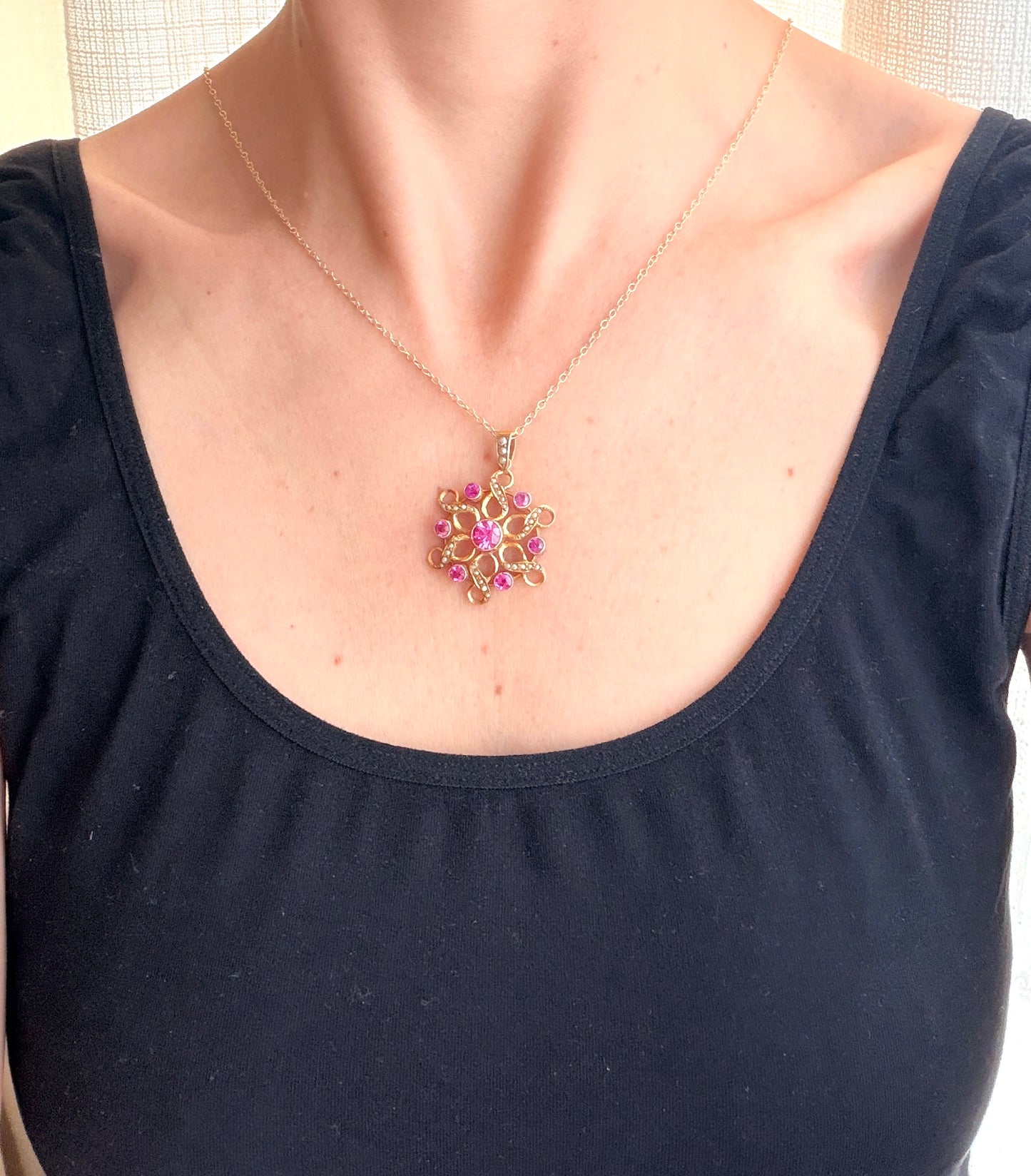 Fabulous Antique, 9ct Gold, Pink Sapphire and Pearl Pendant, Hallmarked Birmingham 1913
